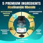 Organic Cadane Suplemento de Nicotinamida Ribósido con Rhodiola Rosea, Ashwagandha, Té Verde y Más | Salud Celular y Vitalidad | Vegano, No OGM – 60 Cápsulas