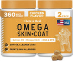 Omega 3 Aceite de Pescado para Perros - 360 Masticables Blandos Omega para Piel y Pelaje - Mezcla de Aceite de Salmón con Ácidos Grasos Esenciales, Vitaminas, Antioxidantes, Minerales (2 Paquetes de 180, Sabor Pollo)
