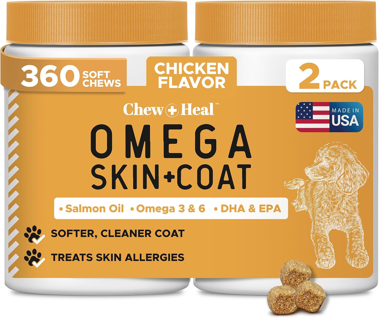 Omega 3 Aceite de Pescado para Perros - 360 Masticables Blandos Omega para Piel y Pelaje - Mezcla de Aceite de Salmón con Ácidos Grasos Esenciales, Vitaminas, Antioxidantes, Minerales (2 Paquetes de 180, Sabor Pollo)