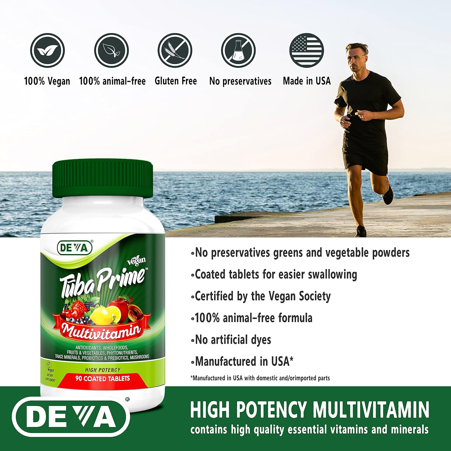 DEVA Tuba Prime Multivitamínico Vegano Sin Hierro - Alta Potencia con Superalimentos, Hongos y Probióticos - 90 Comprimidos