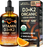 NUTRAHARMONY Gotas Orgánicas de Vitamina D3 y K2 - 10000 UI D3 + 120 mcg K2 MK-7 - Sabor Naranja - Sin Azúcar - 118 ml
