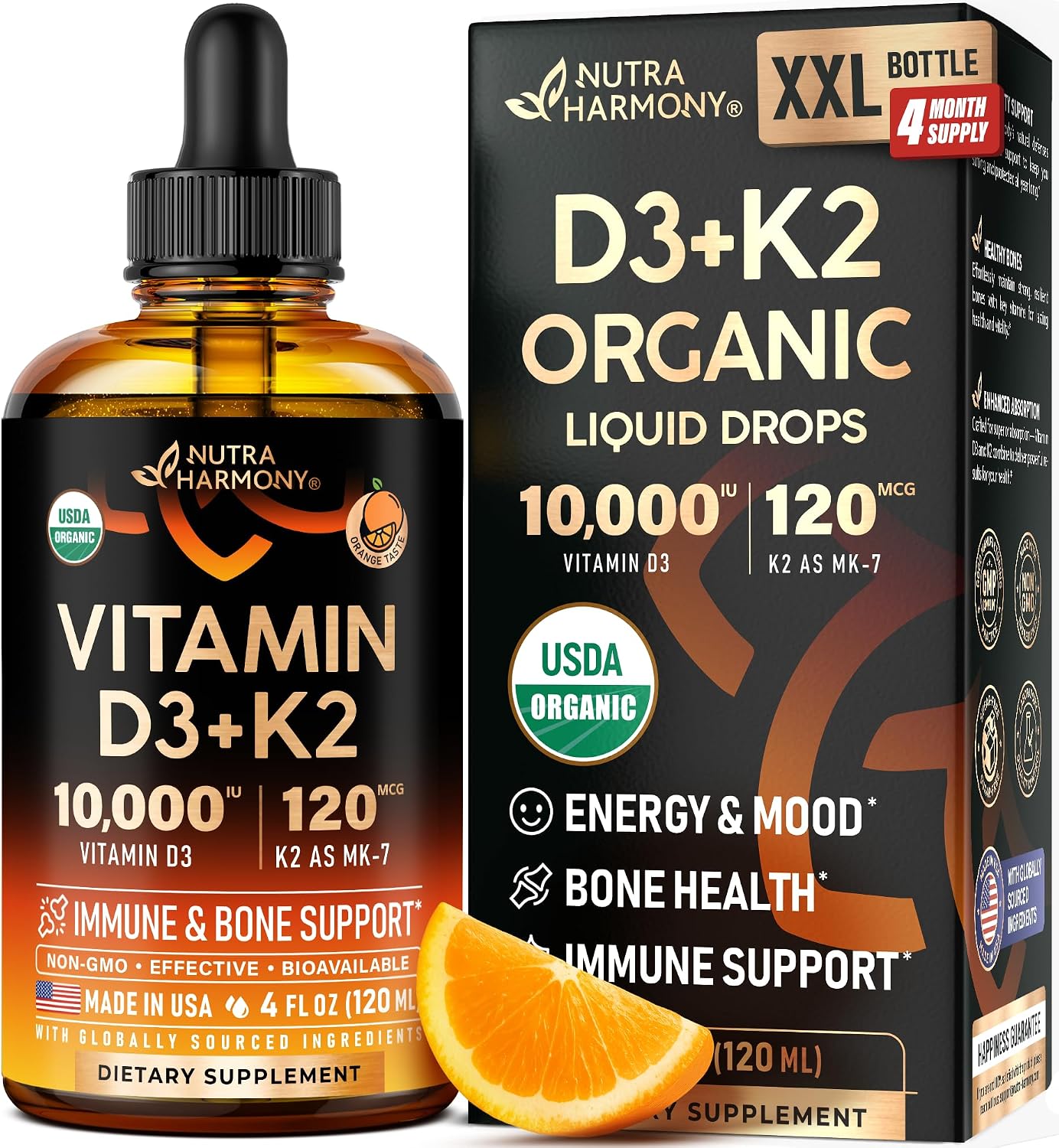 NUTRAHARMONY Gotas Orgánicas de Vitamina D3 y K2 - 10000 UI D3 + 120 mcg K2 MK-7 - Sabor Naranja - Sin Azúcar - 118 ml