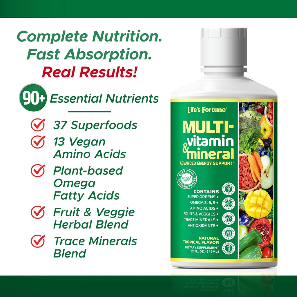 Life's Fortune Multivitamínico Líquido para Adultos y Mayores – 90+ Nutrientes, Sabor Tropical, 946 ml
