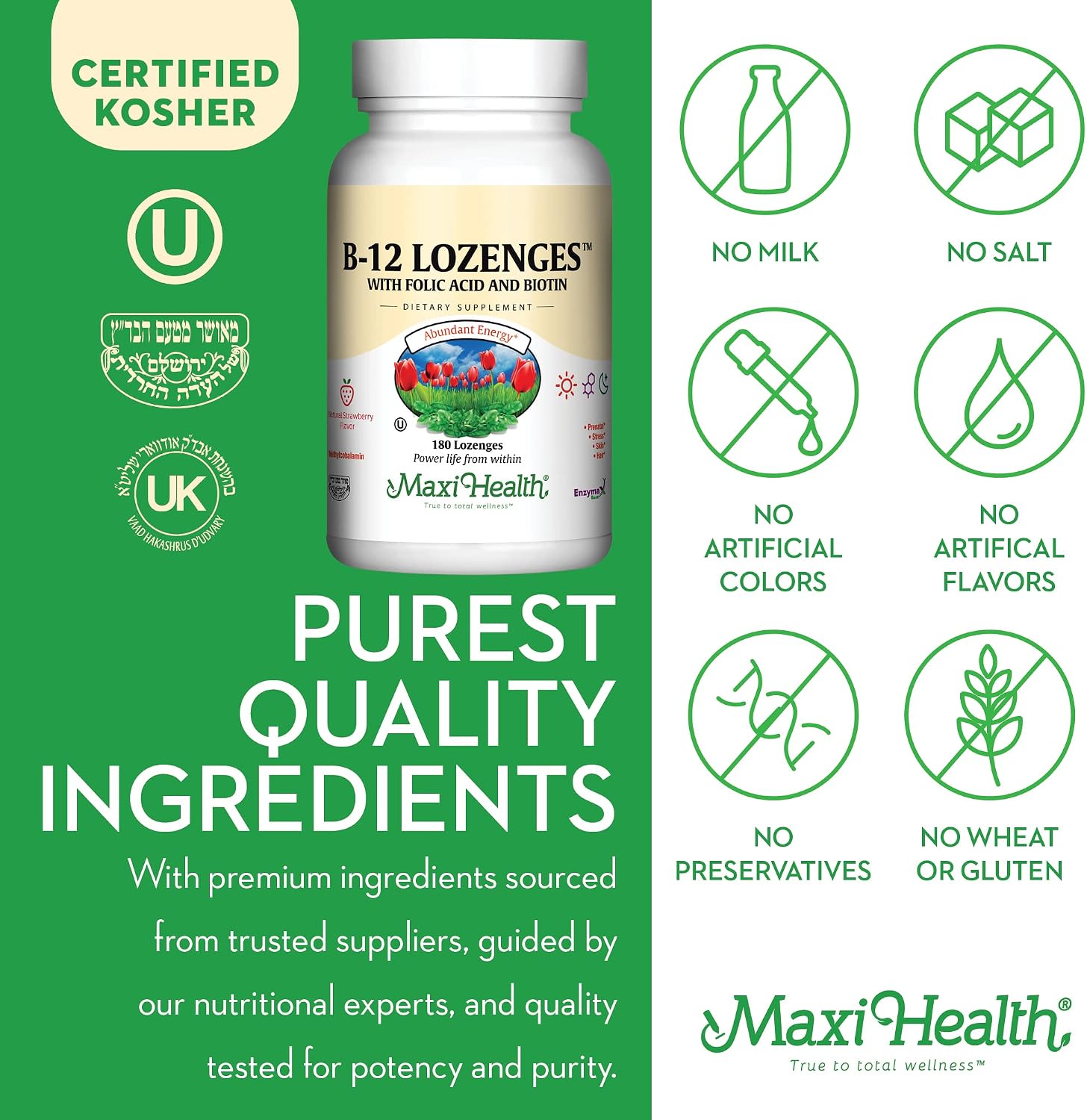 Vitamina B12 Sublingual con Ácido Fólico y Biotina - 180 Pastillas Sabor Fresa - Maxi Health