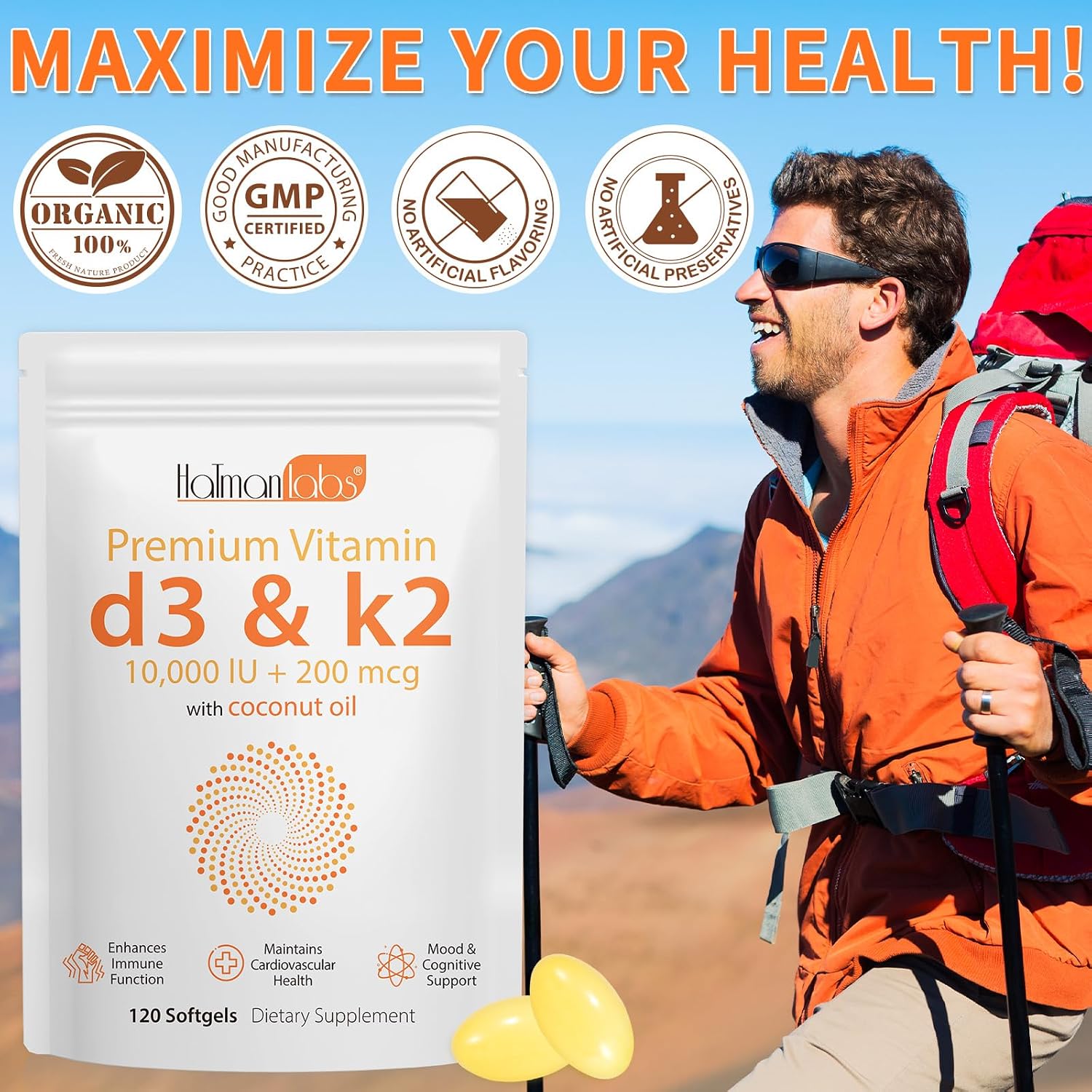 Vitamina D3 K2 10000 UI + 200 mcg Softgels - Pack de 2