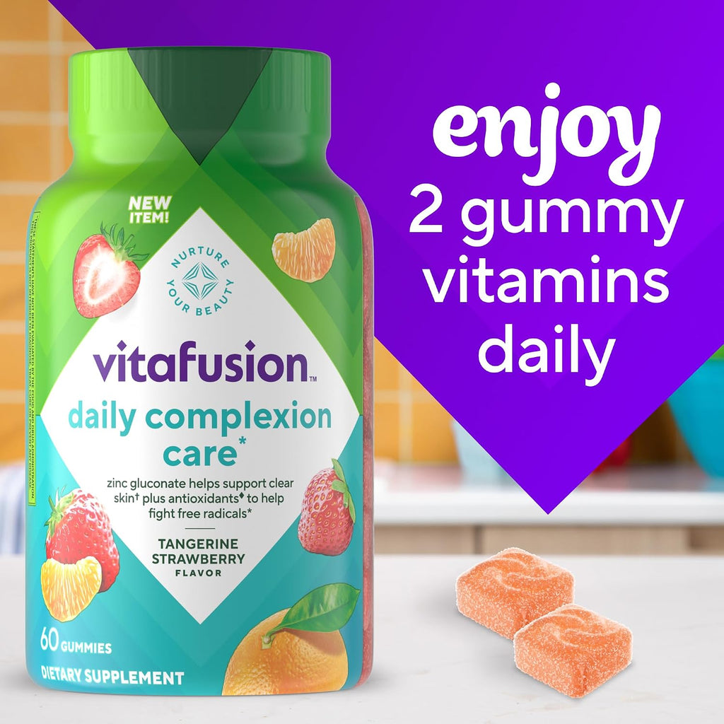 vitafusion Daily Complexion Care - Gomitas de Cuidado de la Piel con Zinc, Vitaminas C y E - Sabor Mandarina Fresa - 60 unidades