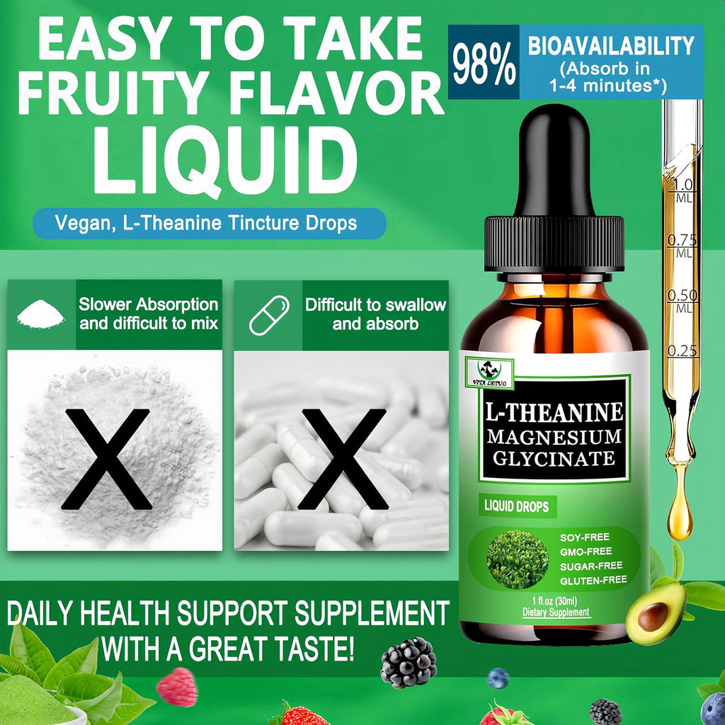 Vita letuo L-Theanine Drops 200mg con Magnesio Glicinato, Vitaminas y Fibra – Suplemento Líquido para la Relaxación y el Sueño