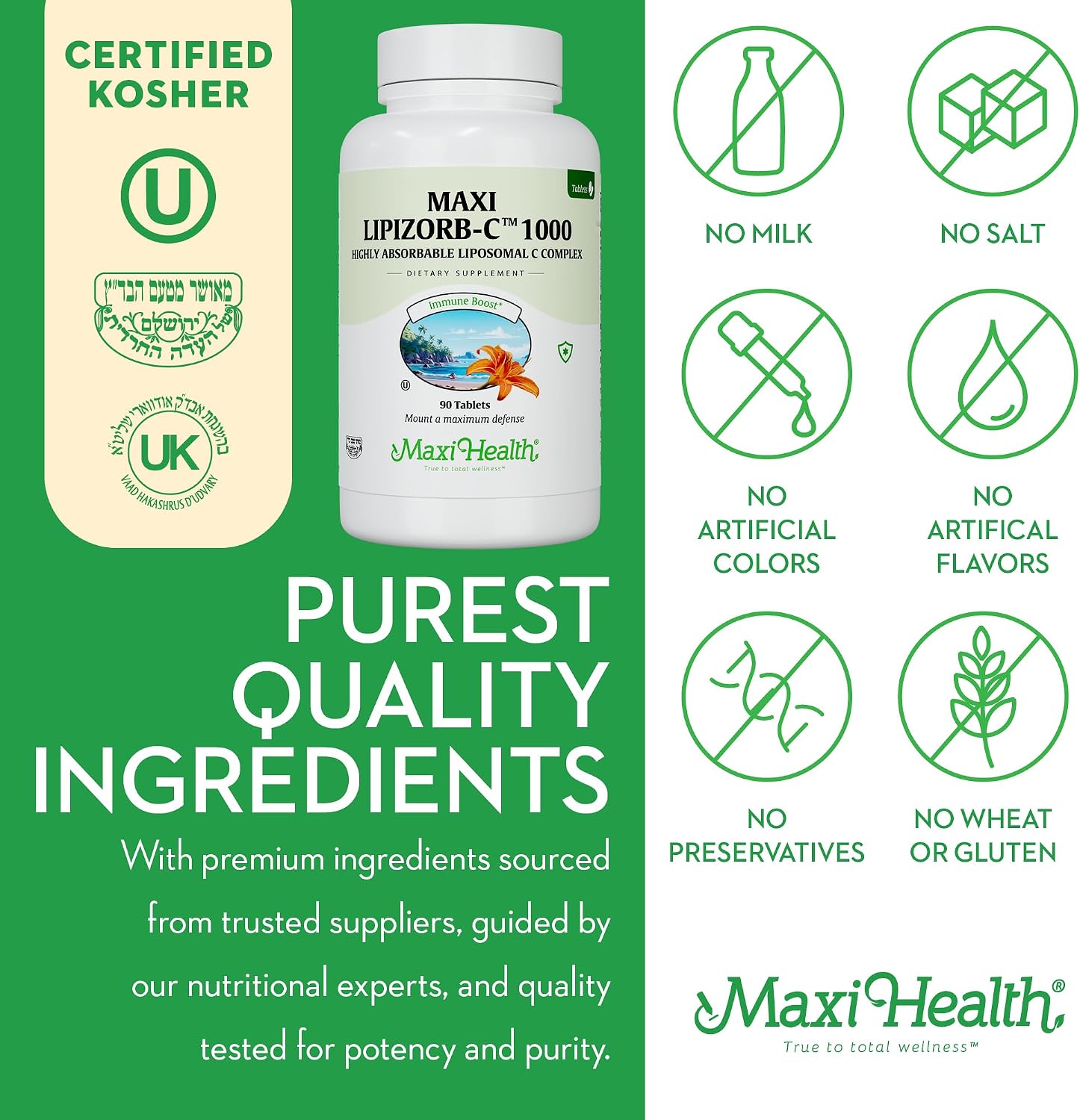 Maxi Health Lipizorb-C Vitamina C Liposomal 1000 mg – 90 Comprimidos – Suave para el Estómago con Quercetina y Jengibre – Vegano