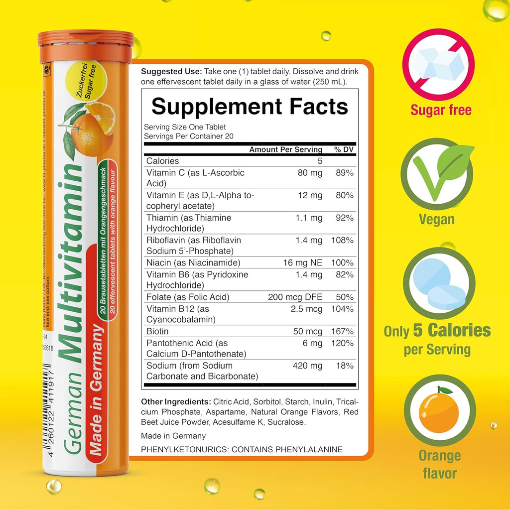 T&D Multivitamínico Alemán 10 Vitaminas - 40 Comprimidos Efervescentes Veganos - Sabor Naranja - Hecho en Alemania