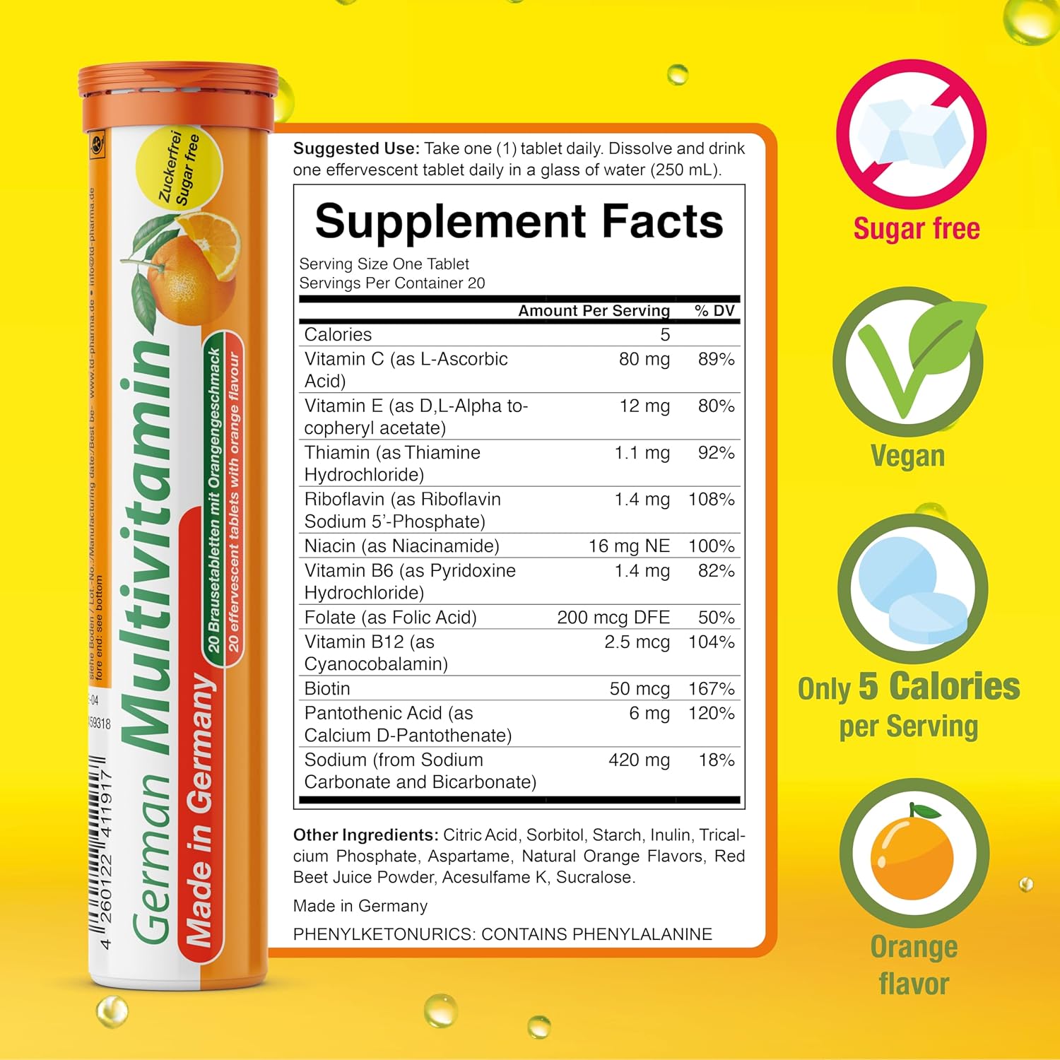 T&D Multivitamínico Alemán 10 Vitaminas - 40 Comprimidos Efervescentes Veganos - Sabor Naranja - Hecho en Alemania
