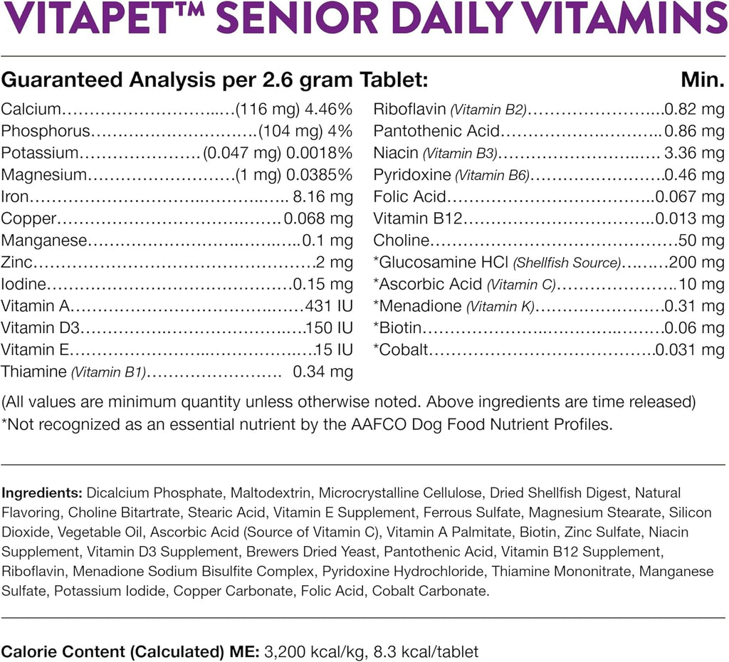 NaturVet VitaPet Senior Daily Vitamins Plus Glucosamine - 180 Comprimidos Masticables para Perros Mayores