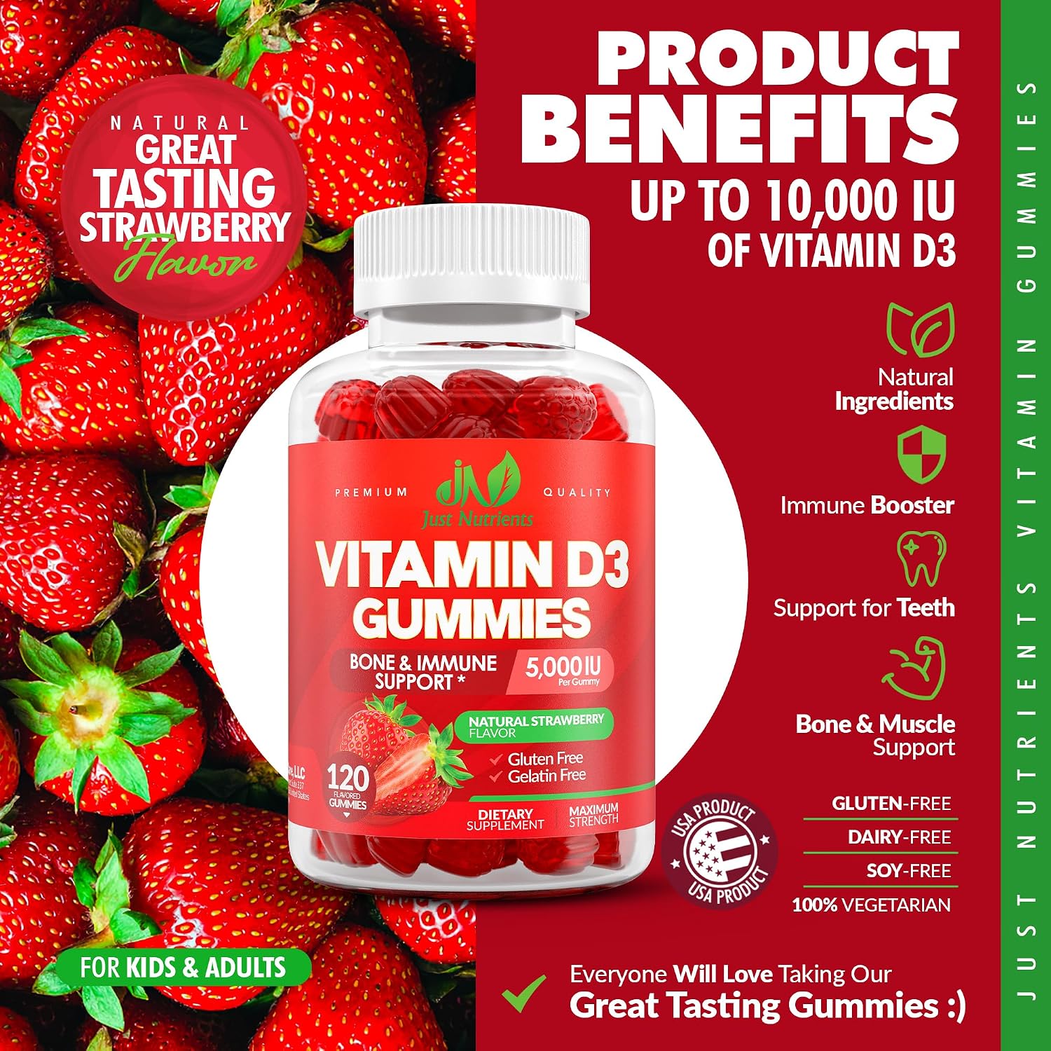 Gomitas de Vitamina D3 5000 UI - Just Nutrients - 120 Gomitas con Sabor a Fresa - Sin Gluten, No GMO