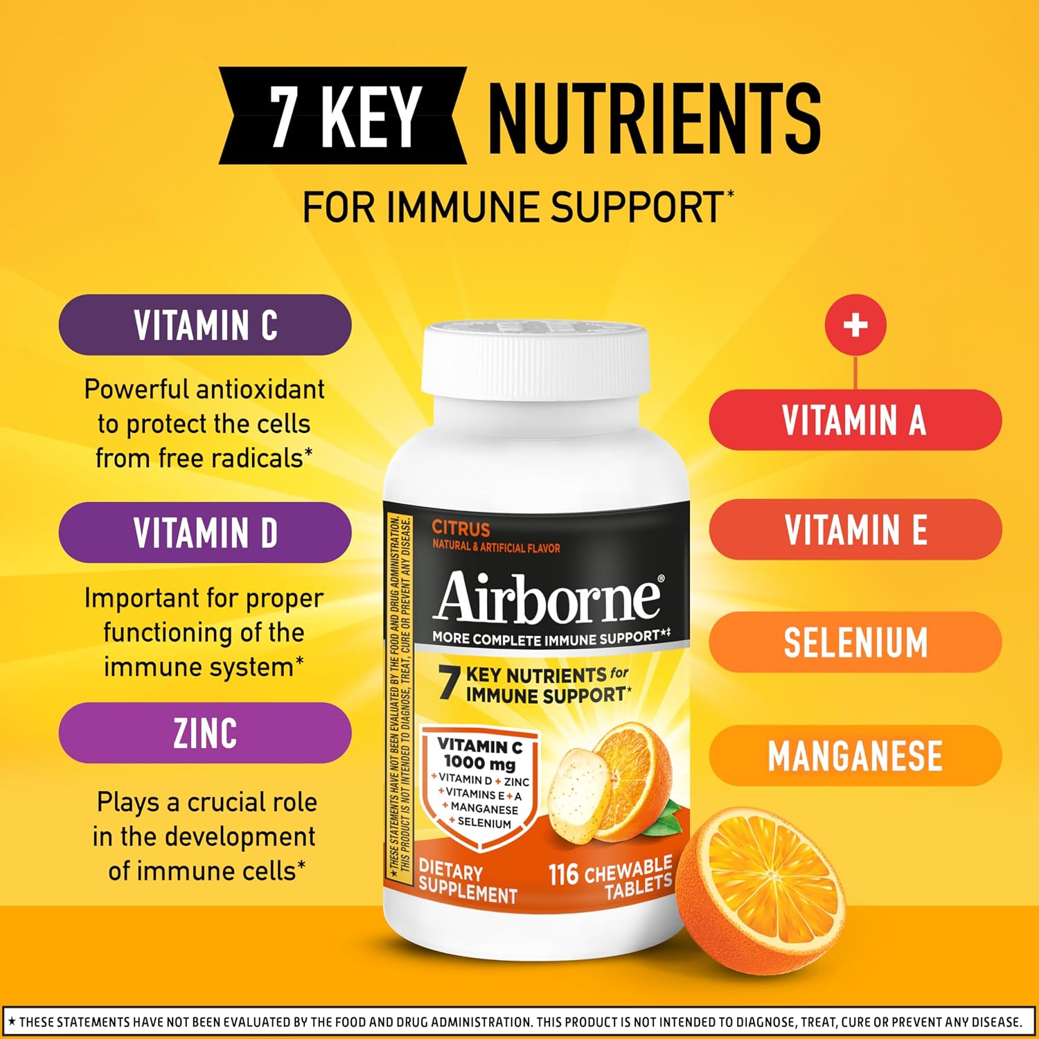 Airborne 1000mg Vitamina C + Zinc Complemento Alimenticio, Comprimidos Masticables Sabor Cítricos, 116 Comprimidos (2 Envases)
