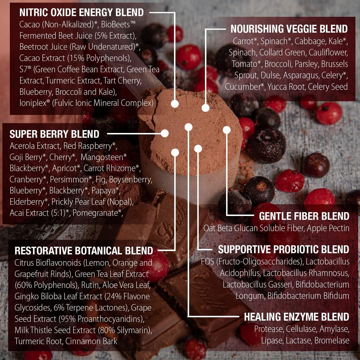 ChocoBerry Blast Superfood Powder – Mezcla Adaptógena de Superbayas con Remolacha, Champiñones y Polifenoles – Apoyo para la Recuperación, Energía y Salud Intestinal – Chocolate (480g)