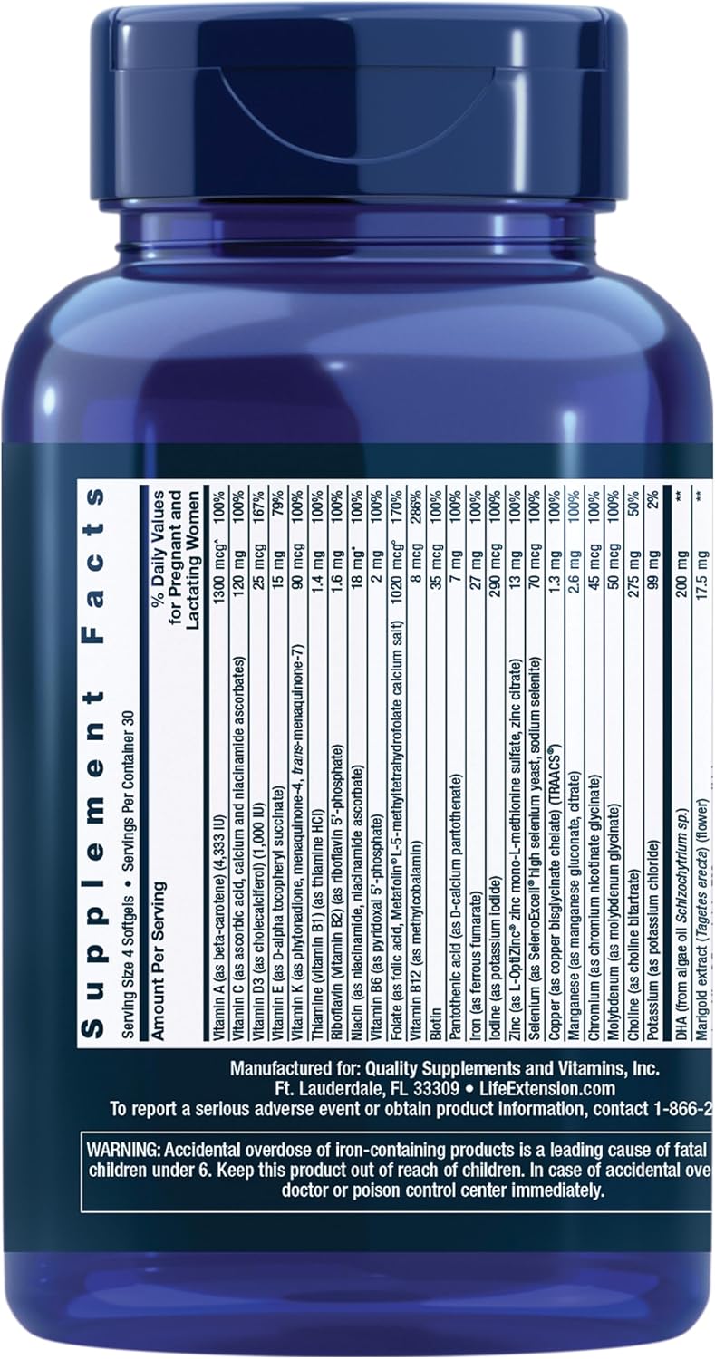 Life Extension Prenatal Advantage - Multivitamínico Prenatal con DHA, Colina y Ácido Fólico Bioactivo, 120 Cápsulas Blandas