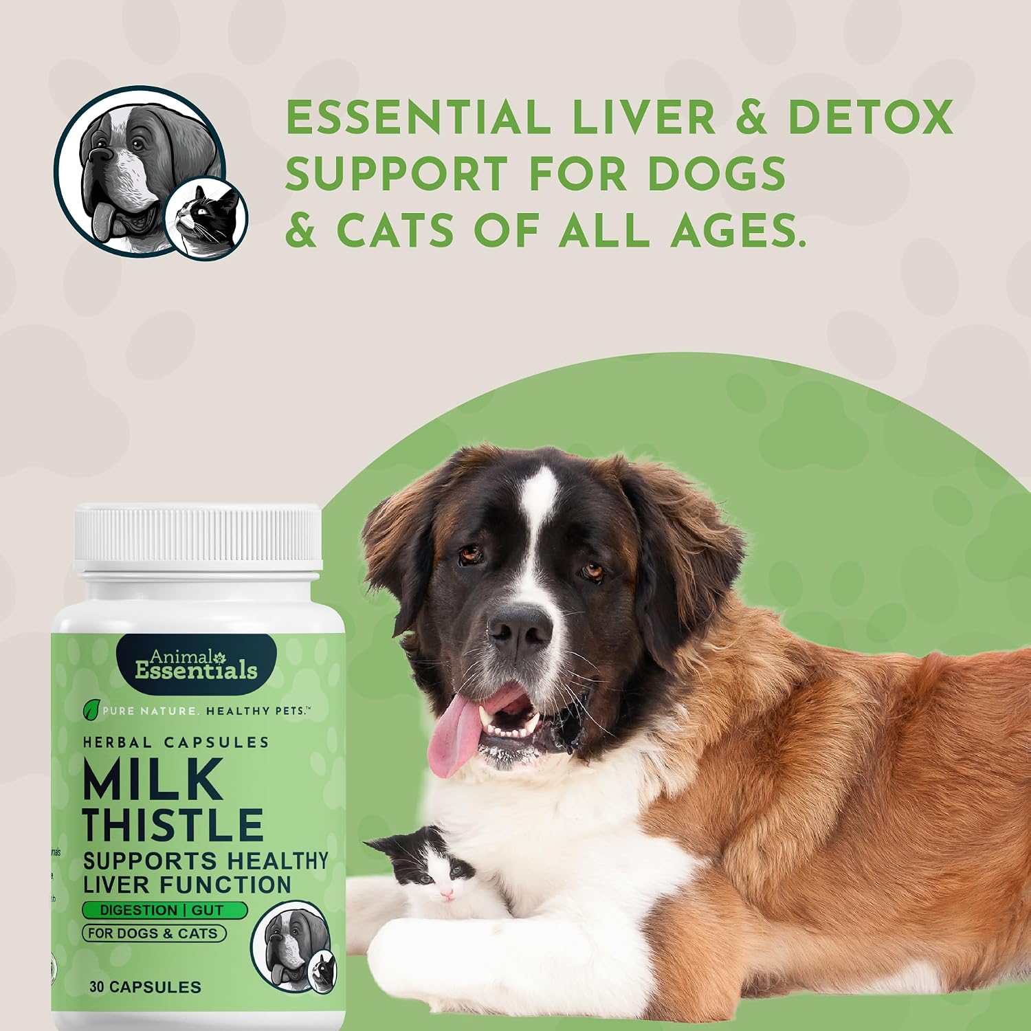 Animal Essentials Milk Thistle for Dogs and Cats - Liver Support, 150mg, Silymarin, Organic Herbal Capsules - 30 Count