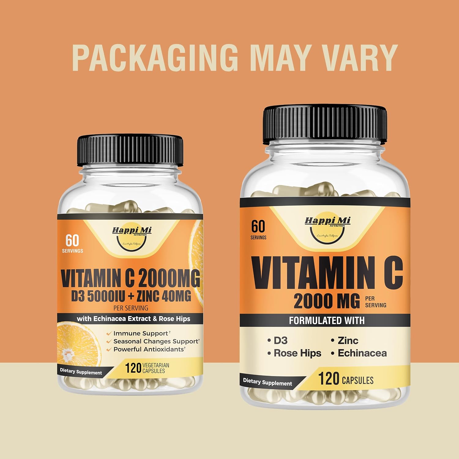 Happi Mi Nutrition Vitamina C 2000 mg con Zinc y Vitamina D3 - 120 Cápsulas Veganas