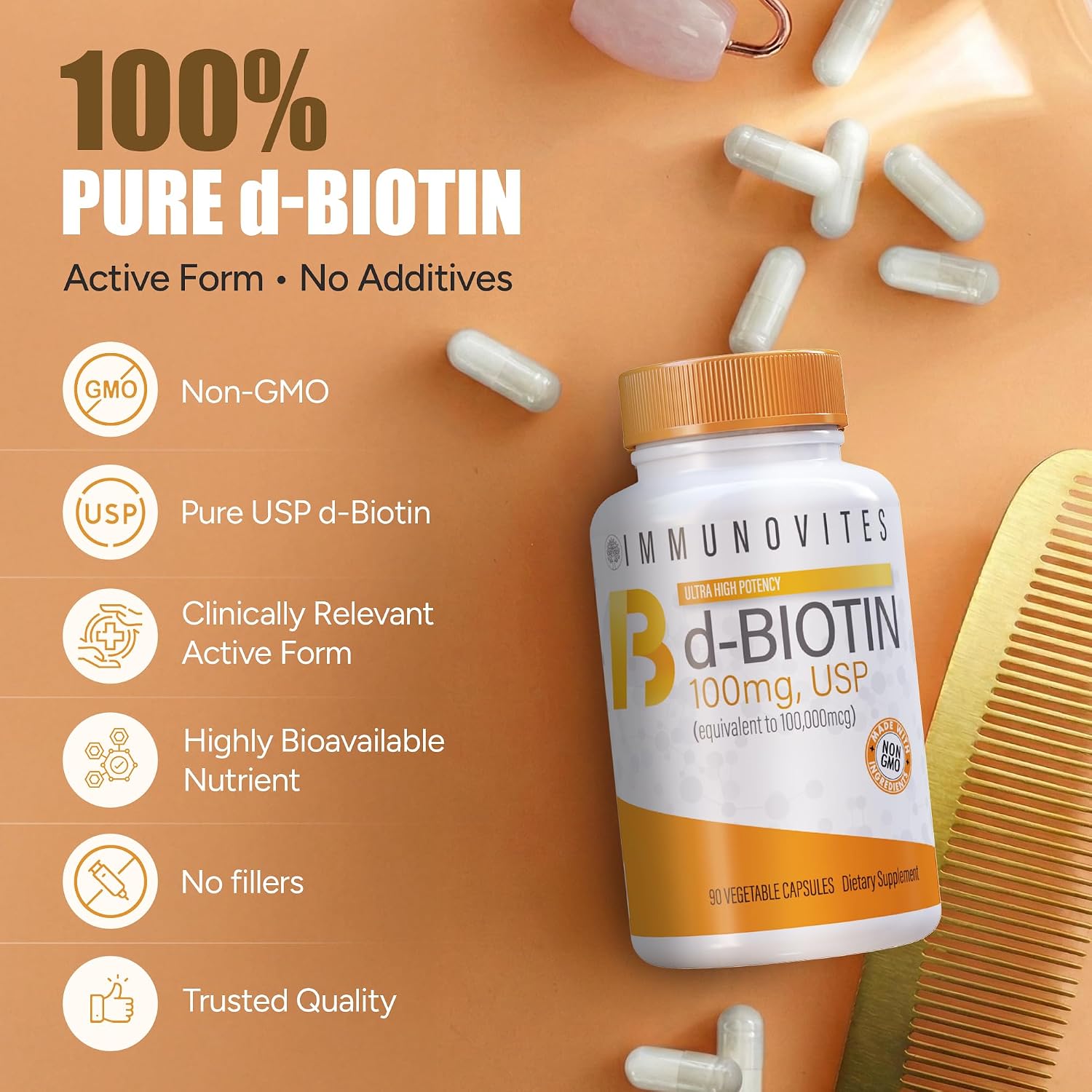 IMMUNOVITES Biotina Alta Dosis 100 mg (100.000 mcg) - 3 Envases de 90 Cápsulas