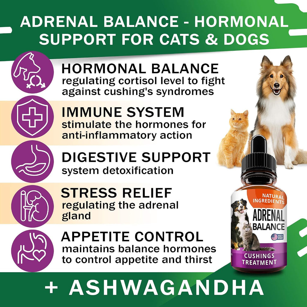 Adrenal Balance para Perros y Gatos - Tratamiento de Cushing, Apoyo Adrenal con Ashwagandha, Raíz de Regaliz, Rhodiola Rosea - 60ml Gotas Herbales