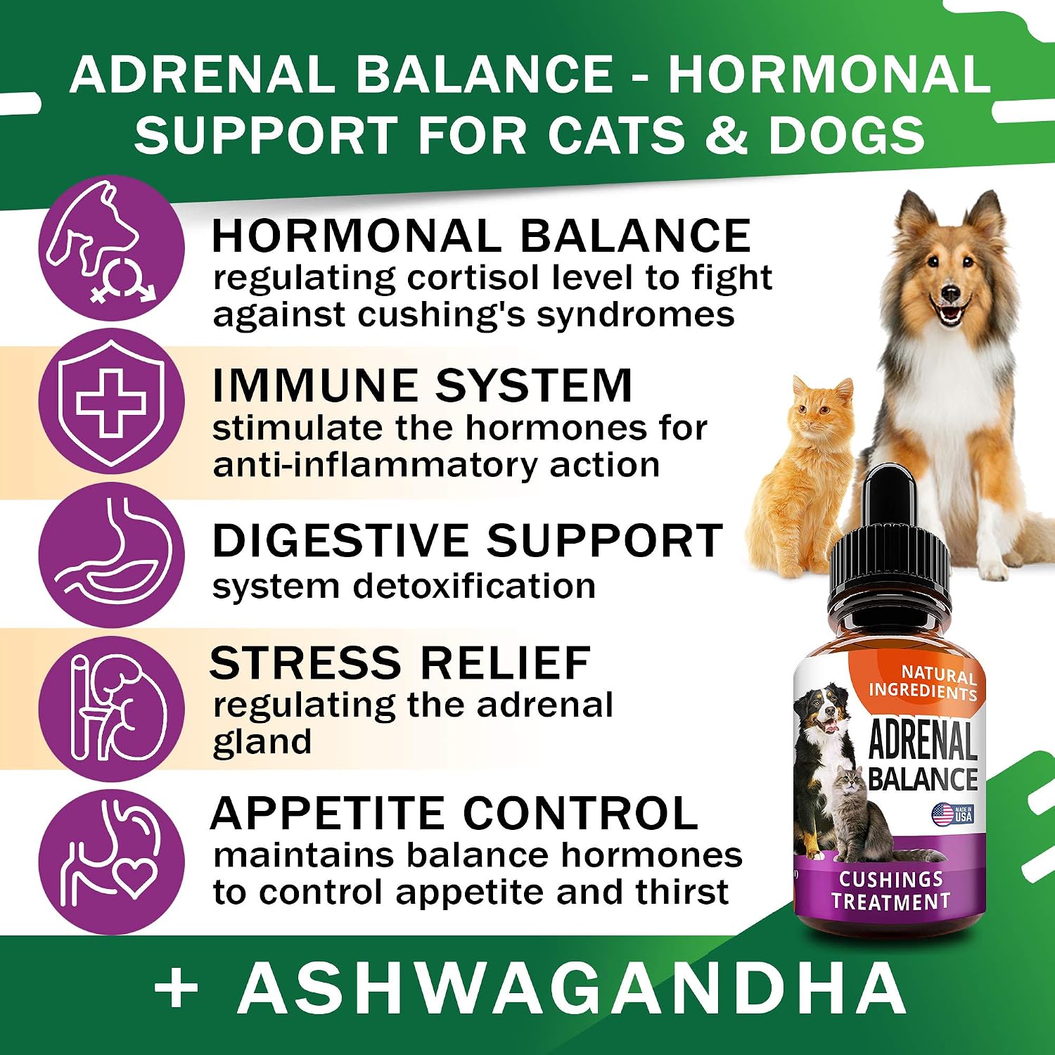 Adrenal Balance para Perros y Gatos - Tratamiento de Cushing, Apoyo Adrenal con Ashwagandha, Raíz de Regaliz, Rhodiola Rosea - 60ml Gotas Herbales