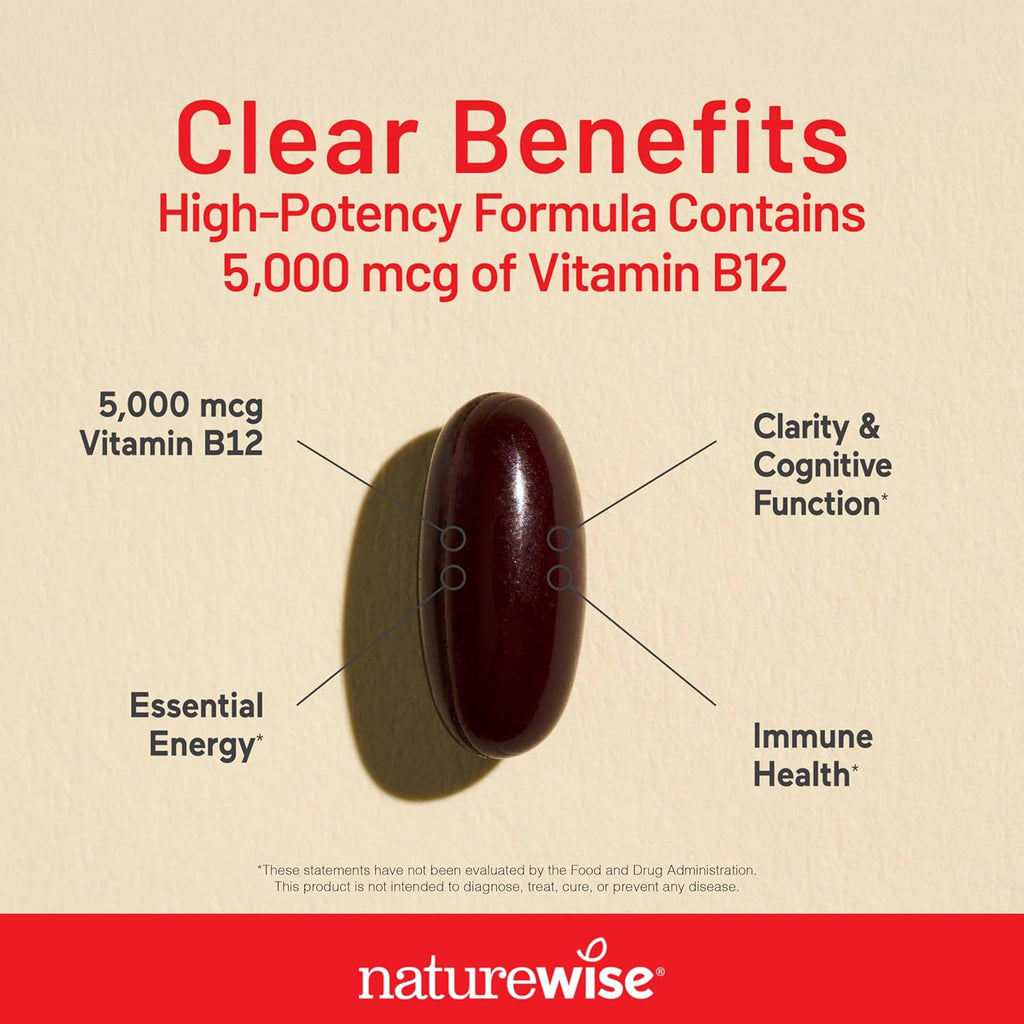 NatureWise Vitamina B12 5000 mcg - Fórmula Extra Fuerte - Complemento para Apoyar los Niveles de Energía, Claridad Mental, Salud del Sistema Nervioso - Fácil de Tragar, Sin Soja ni Gluten, No GMO - 60 Cápsulas Blandas