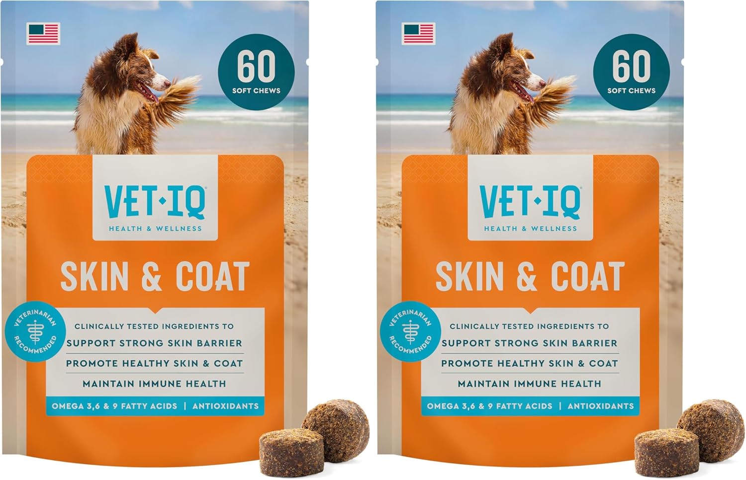 VetIQ Suplemento para Piel y Pelaje para Perros, Masticables con Omega 3,6,9 Sabor a Humo de Nogal, 60 unidades