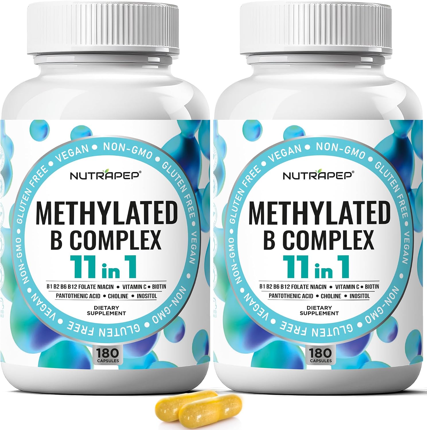 NutraPep Complejo B Metilado - Vitaminas B Completo con B9 5-MTHF B6 B12 - Apoyo Energía, Cerebro y Corazón - Vegano Sin Gluten Sin Azúcar - 180 Cápsulas