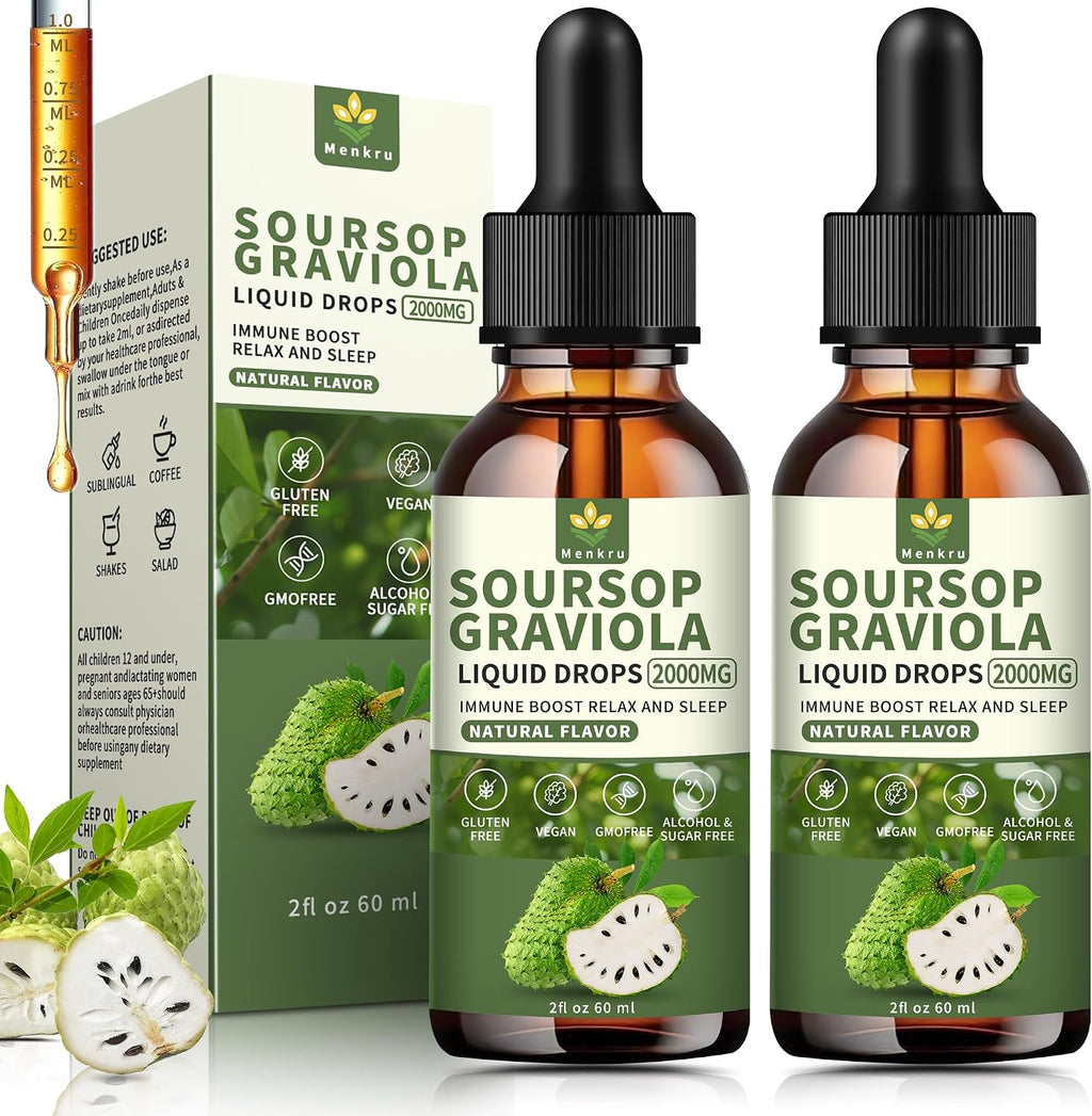 Menkru Soursop Graviola Gotas Líquidas 2000mg, Extracto Natural con Vitamina C, Sin Gluten, Vegano, 2 x 118 ml