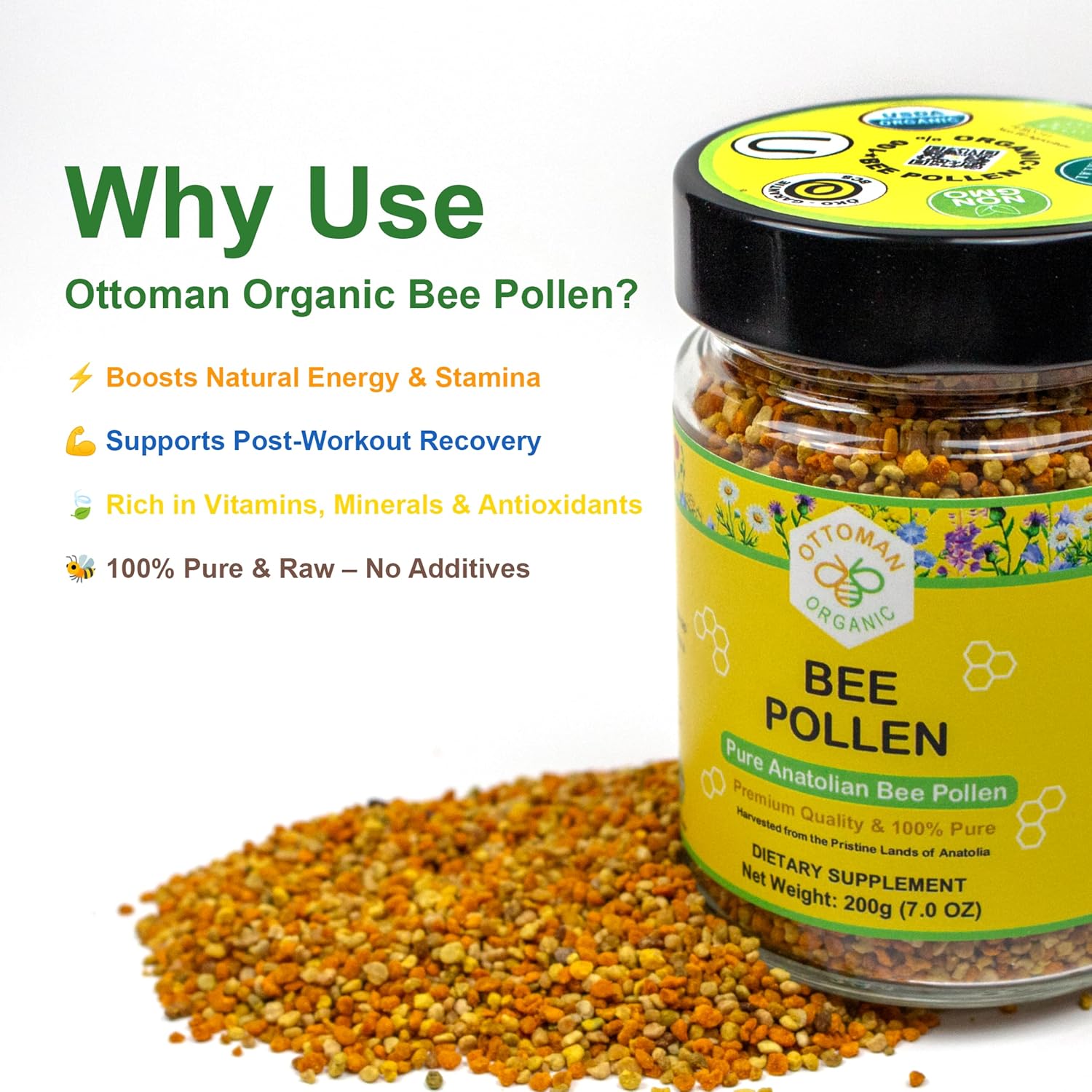 Polen de Abeja Orgánico 200g | Certificado USDA y UE | ottoman organic