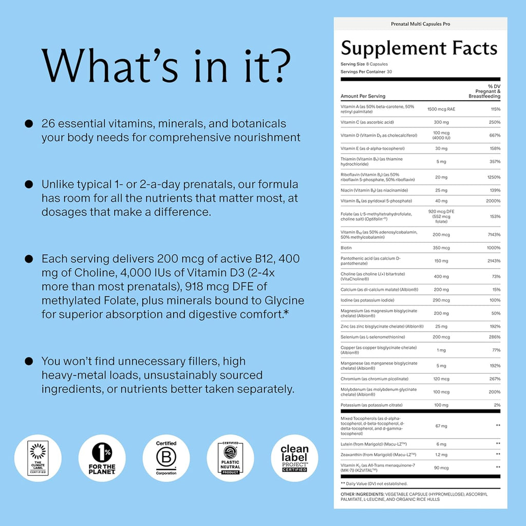 Needed. Prenatal Multivitamin con aroma a cítricos - Complejo prenatal completo para antes, durante y después del embarazo - 26 nutrientes óptimos incluyendo colina, vitamina B y folato - suministro para 30 días