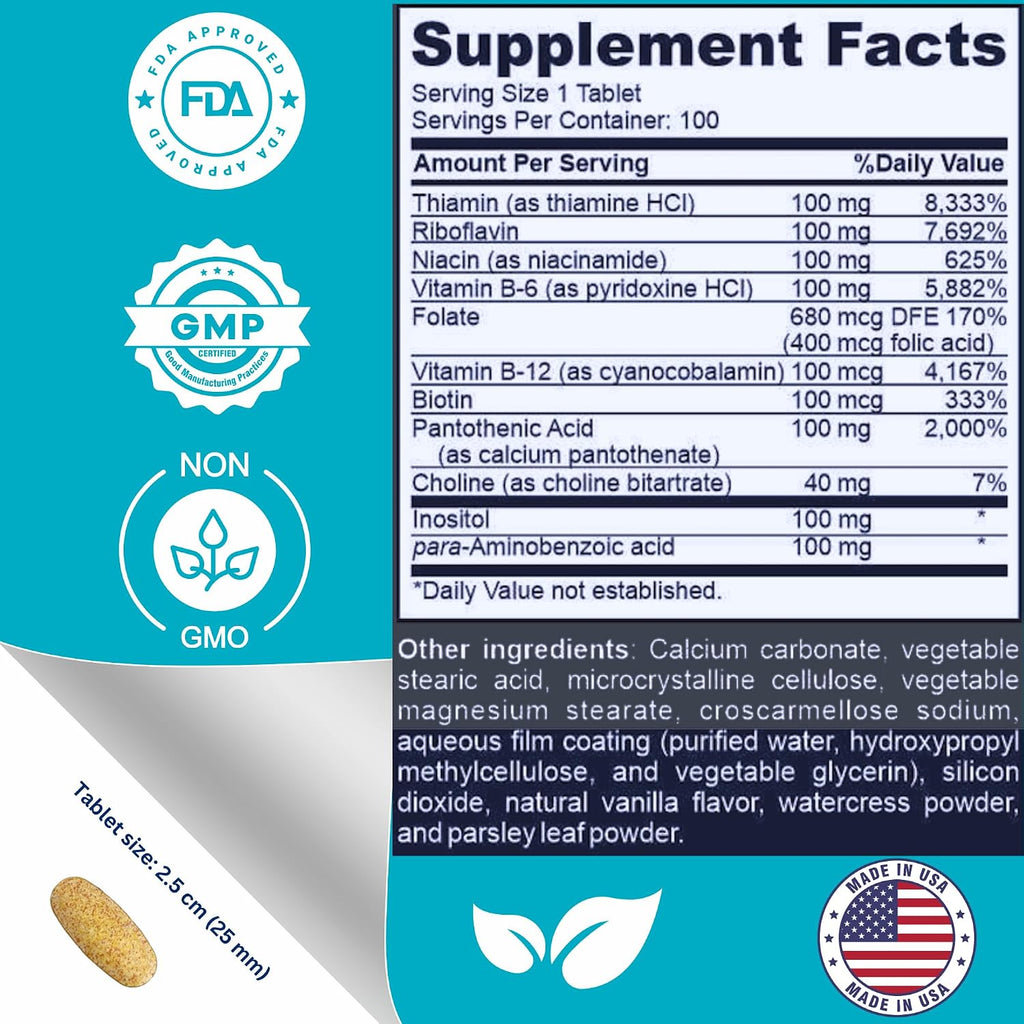 Super B-100 Complex – Complejo de Vitaminas B – Alta Potencia con Colina, Inositol y PABA – 100 Comprimidos