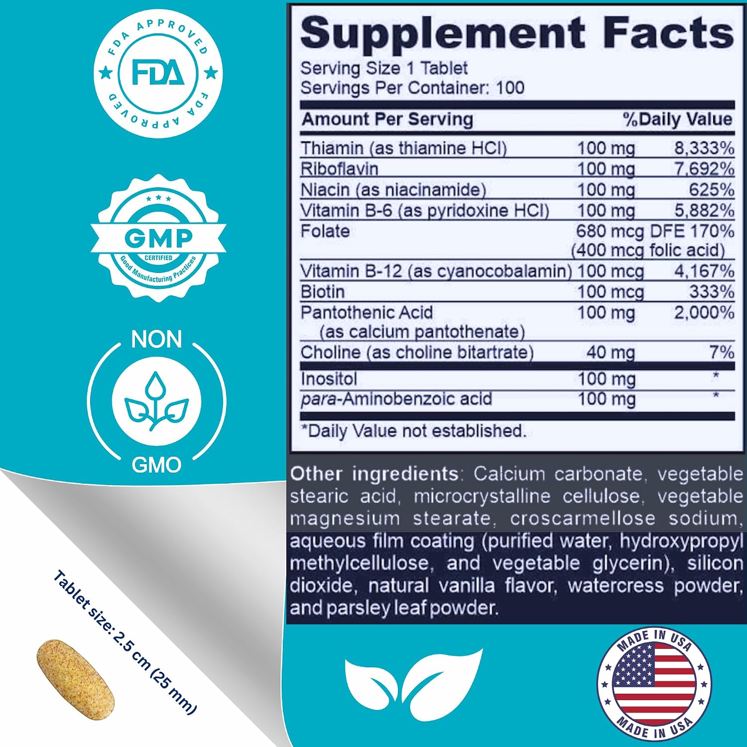 Super B-100 Complex – Complejo de Vitaminas B – Alta Potencia con Colina, Inositol y PABA – 100 Comprimidos