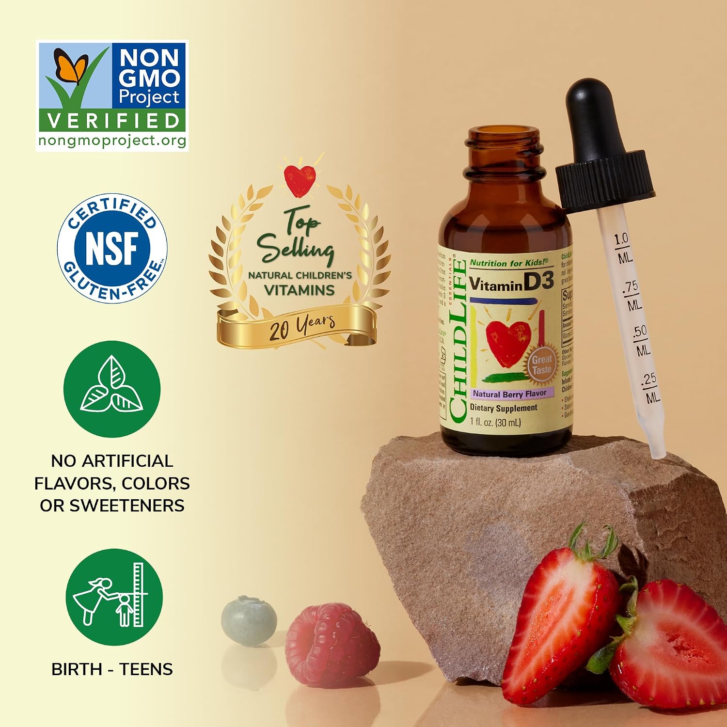 ChildLife Essentials Gotas de Vitamina D3 para Bebés - 500 IU, Sabor a Bayas, 2 Envases