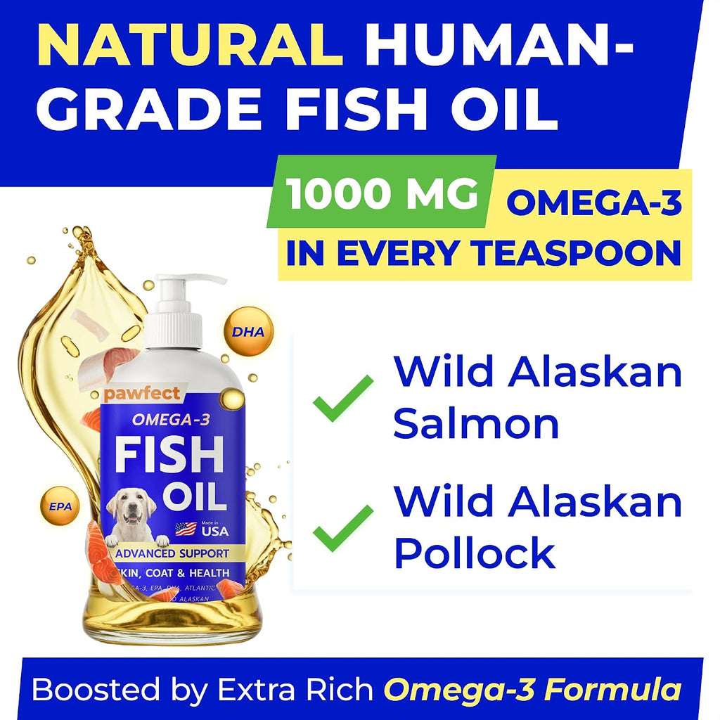 PAWFECTCHEW Aceite de Pescado para Perros - Omega-3 Natural - Apoyo para Piel y Pelaje - Suplemento Líquido con EPA y DHA - 473ml (16oz)