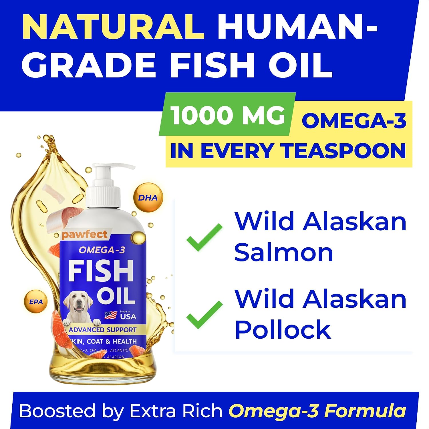 PAWFECTCHEW Aceite de Pescado para Perros - Omega-3 Natural - Apoyo para Piel y Pelaje - Suplemento Líquido con EPA y DHA - 473ml (16oz)