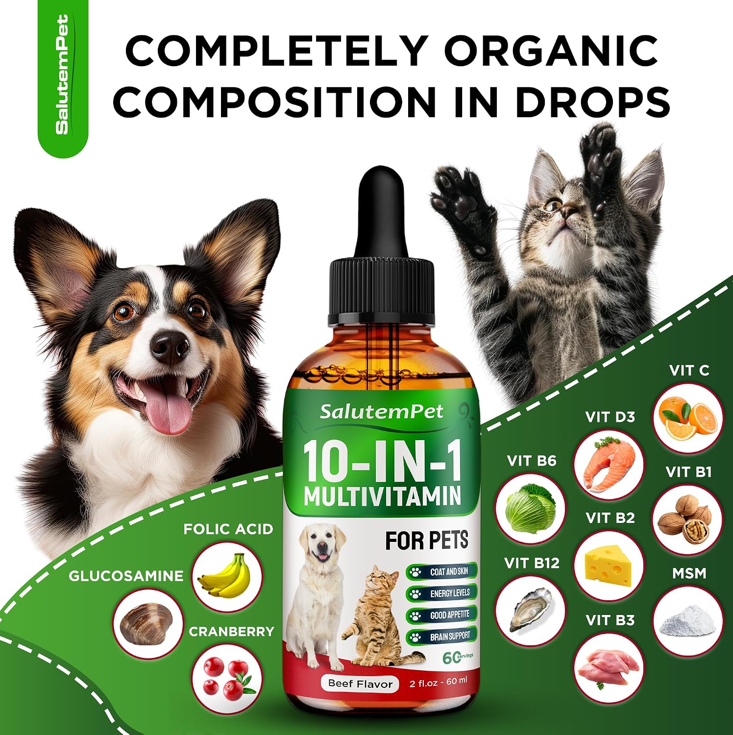 Multivitamínico Líquido para Perros y Gatos 10 en 1 - Vitaminas C, D3, Grupo B, Glucosamina, Arándano - Sabor a Carne - 60 ml