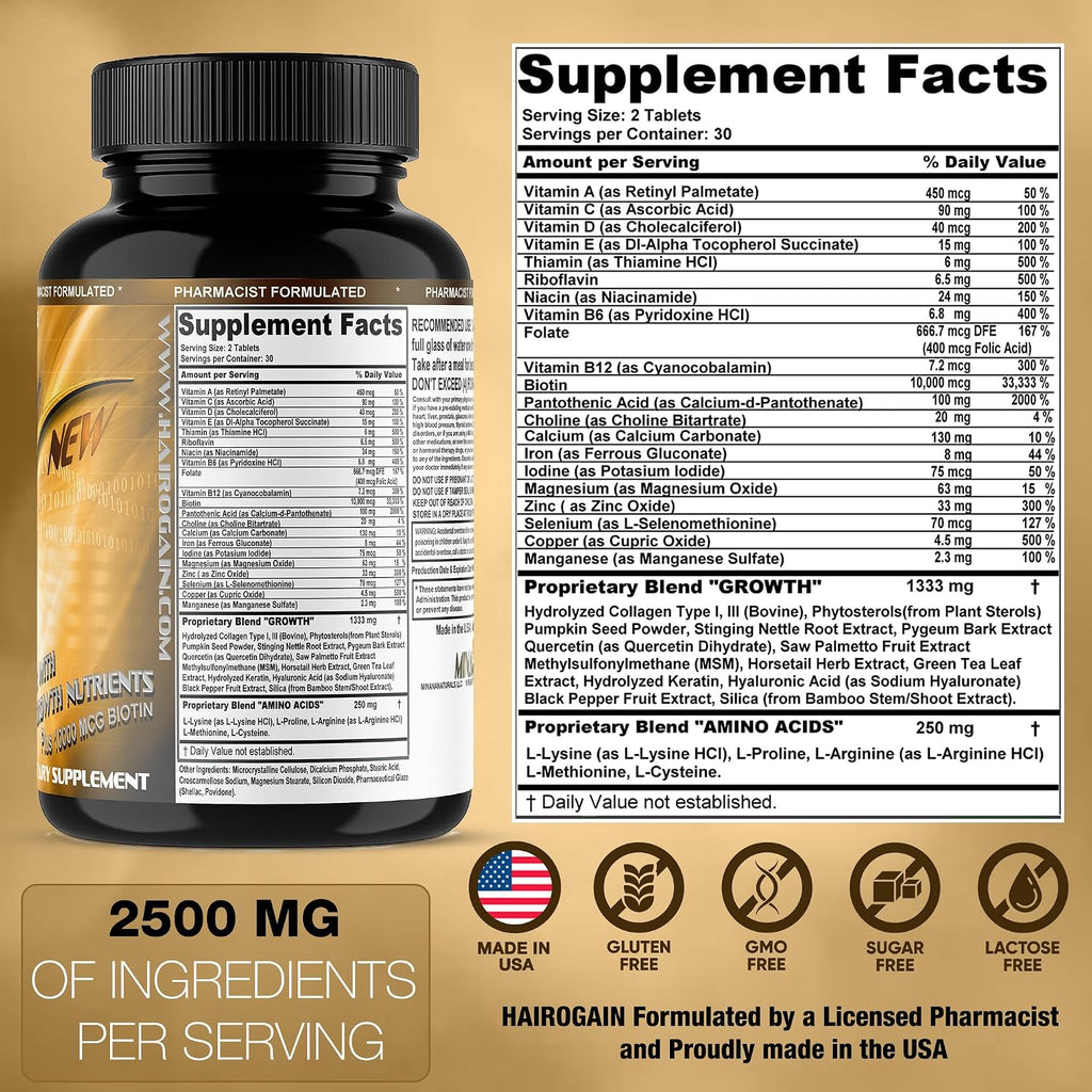 HAIROGAIN DHT Blocker - Biotina 10000 mcg, Colágeno y Vitaminas para el Cabello (60 Comprimidos)