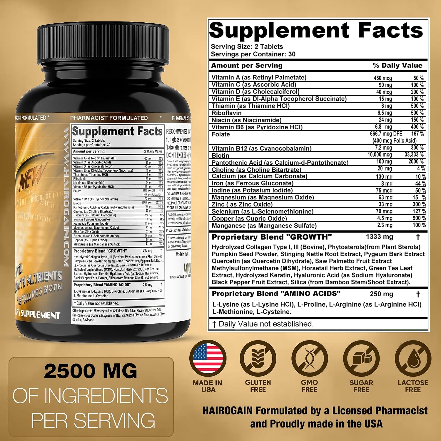 HAIROGAIN DHT Blocker - Biotina 10000 mcg, Colágeno y Vitaminas para el Cabello (60 Comprimidos)