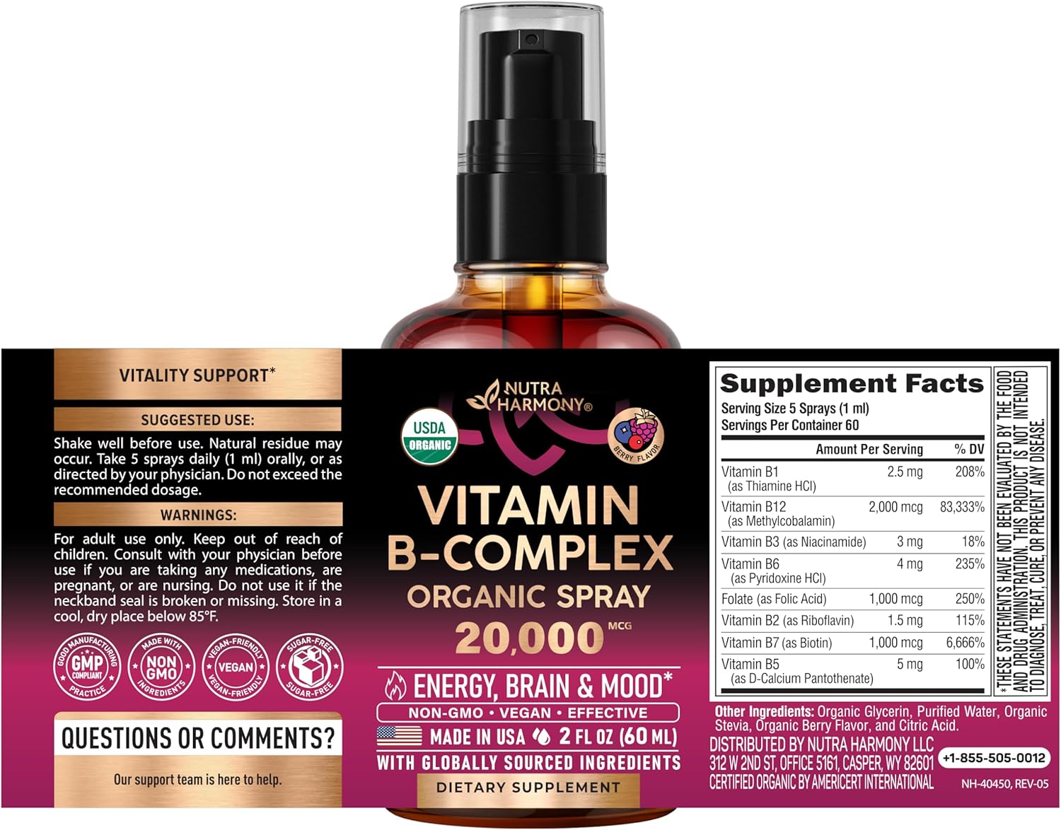 Spray de Complejo B Orgánico USDA - 8 Vitaminas B - Sabor Bayas - 60 ml