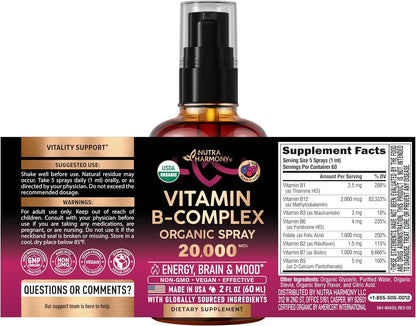 Spray de Complejo B Orgánico USDA - 8 – Reducción del cansancio y la fatiga: Las vitaminas B2, B3, B5, B6, B9 y – Image 2