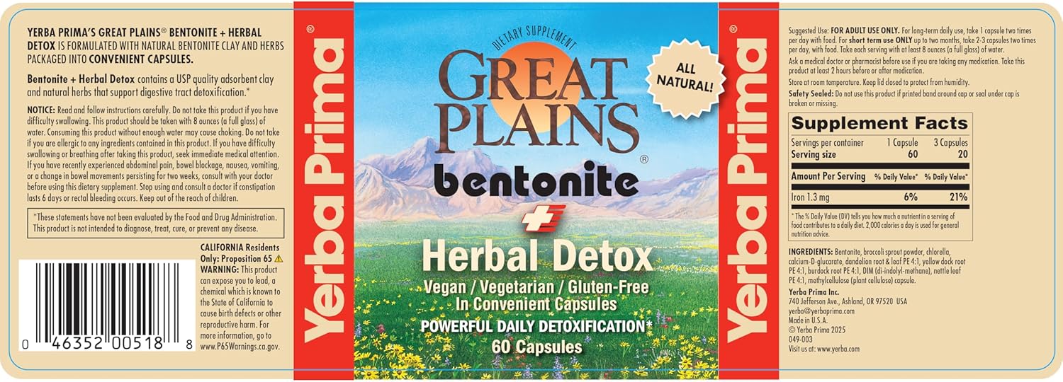 Yerba Prima Bentonite Clay Plus Herbal Detox - 60 Cápsulas Vegetales