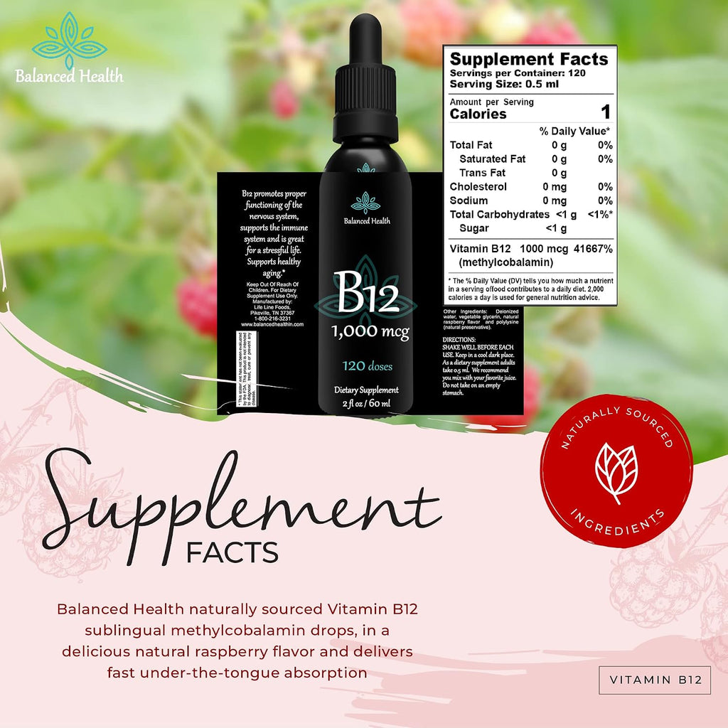 Balanced Health Vitamina B12 1000 mcg - Gotas Sublinguales de Metilcobalamina - Sabor Frambuesa - 120 Servicios