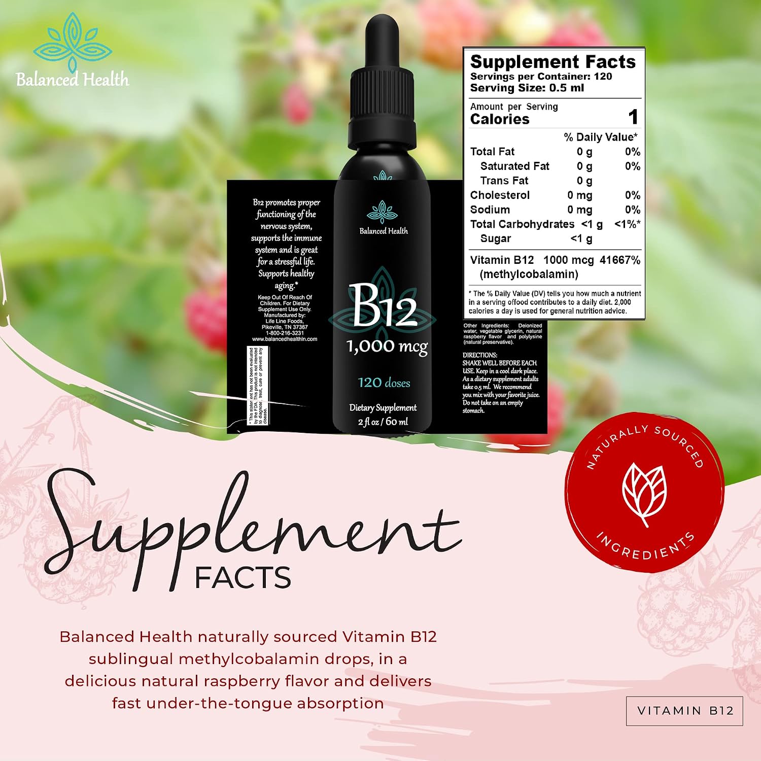Balanced Health Vitamina B12 1000 mcg - Gotas Sublinguales de Metilcobalamina - Sabor Frambuesa - 120 Servicios