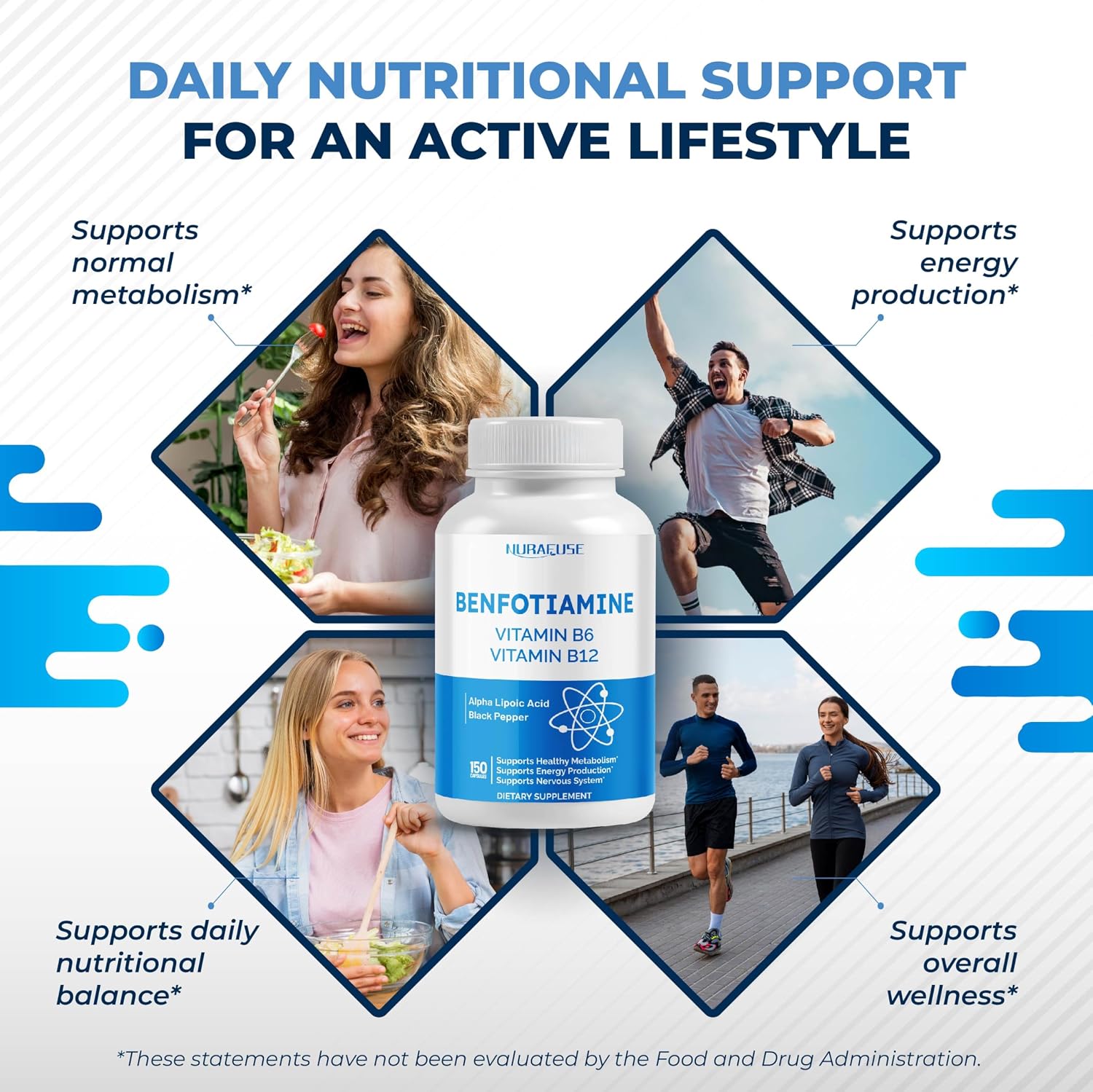NURAFUSE Benfotiamina con Vitamina B6, B12, Ácido Alfa Lipoico, Cúrcuma - 150 Cápsulas