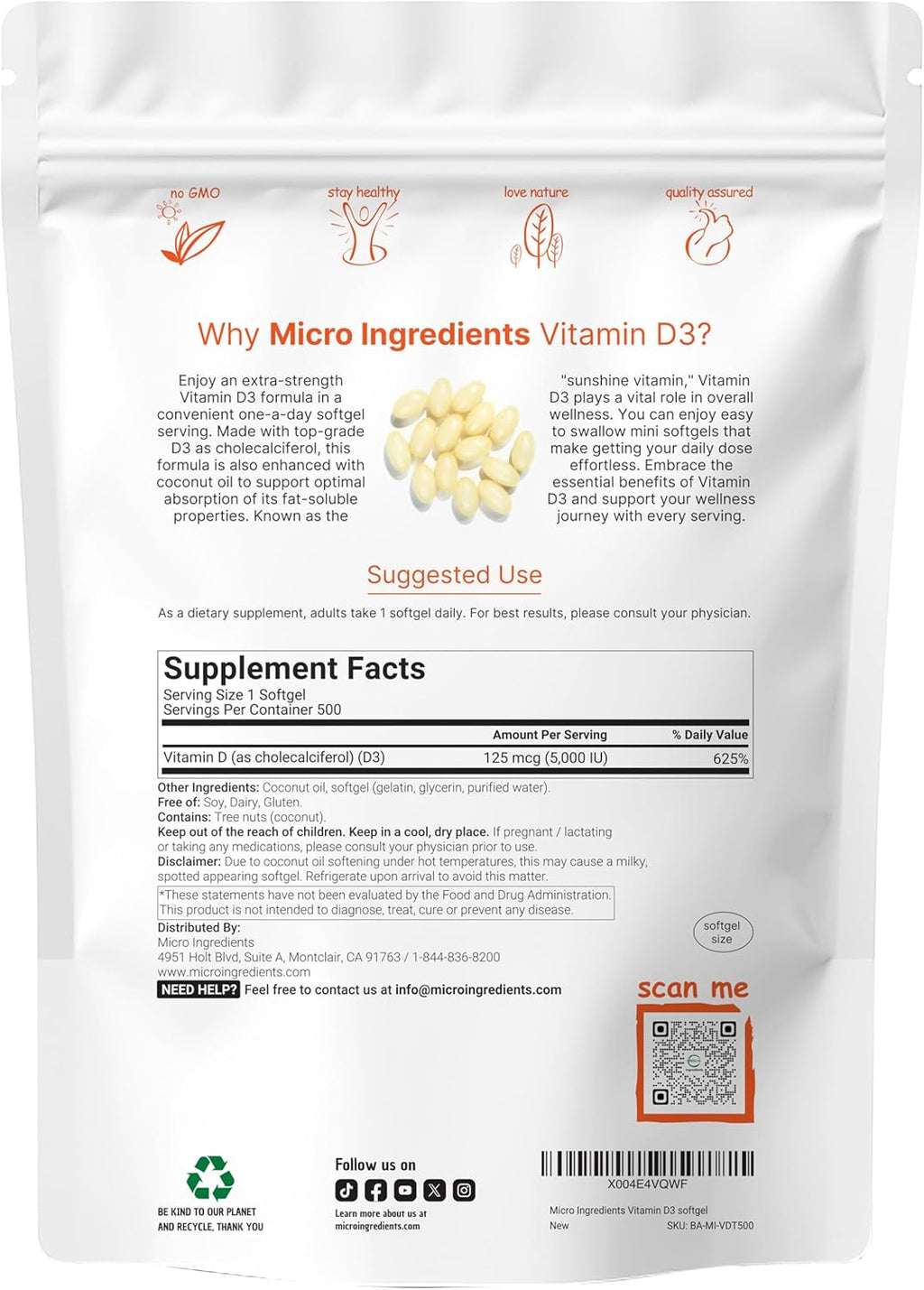 Micro Ingredients Vitamina D3 5.000 UI, 500 Cápsulas Blandas con Aceite de Coco Virgen | No Transgénico
