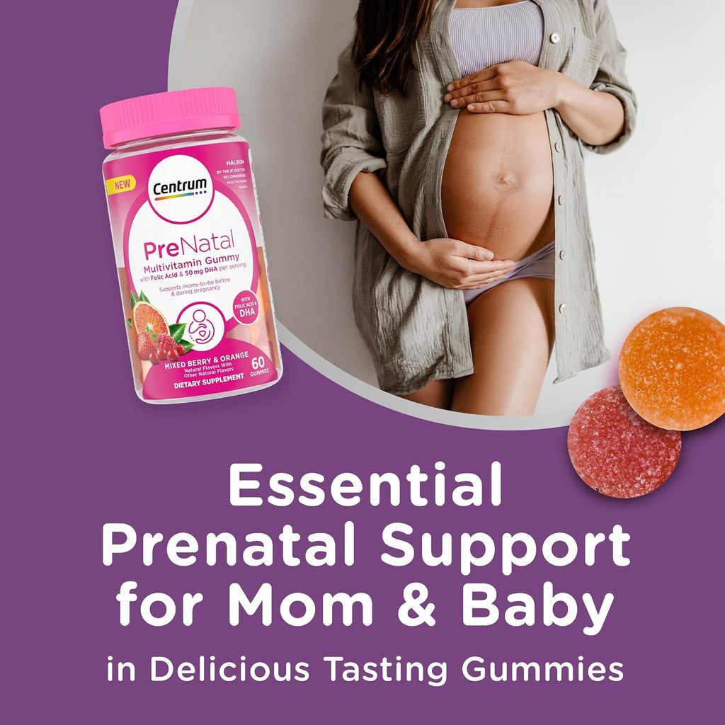 Centrum Prenatal Multivitamin Gummies con DHA y Ácido Fólico - Sabor Arándano Rojo y Naranja - 60 Gominolas