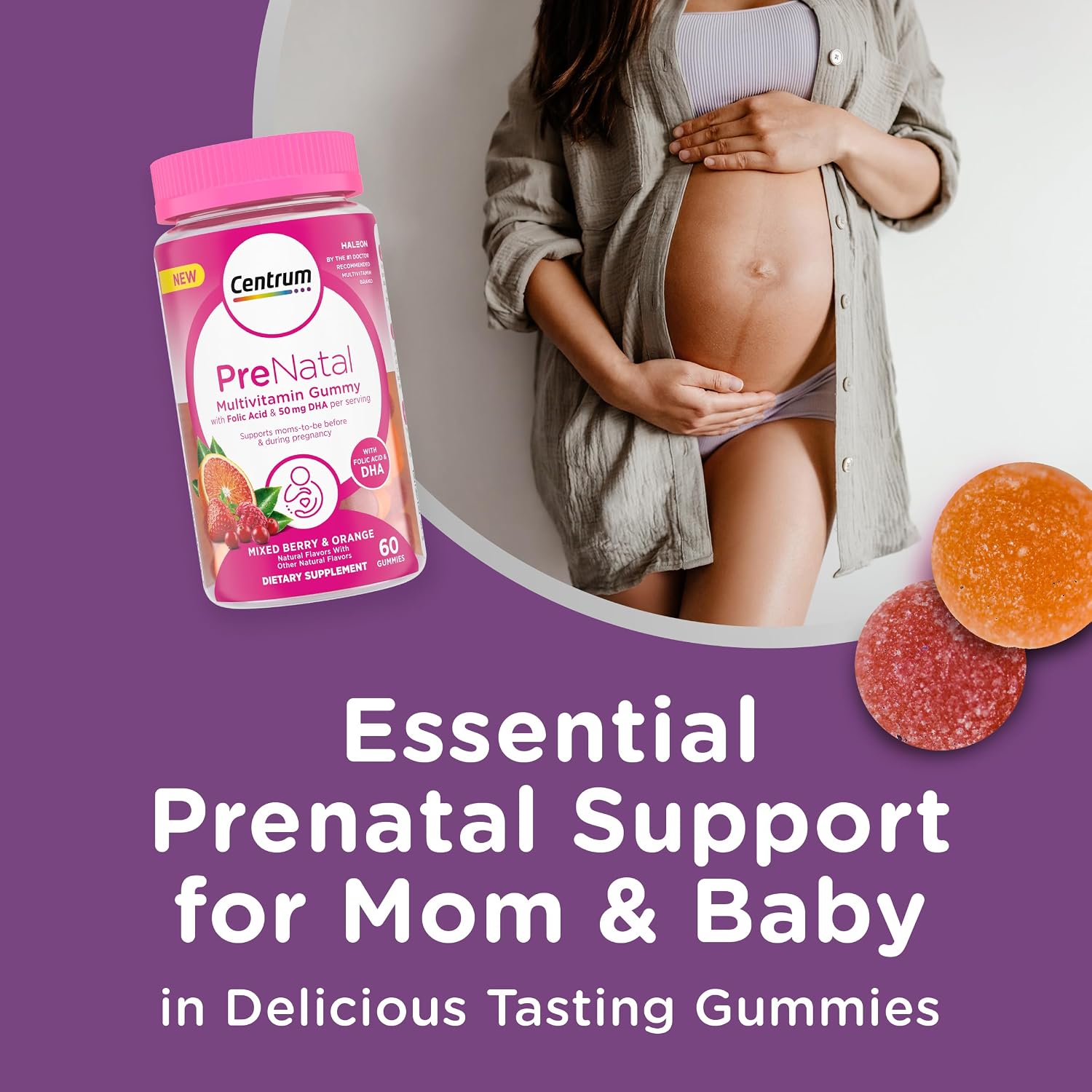 Centrum Prenatal Multivitamin Gummies con DHA y Ácido Fólico - Sabor Arándano Rojo y Naranja - 60 Gominolas