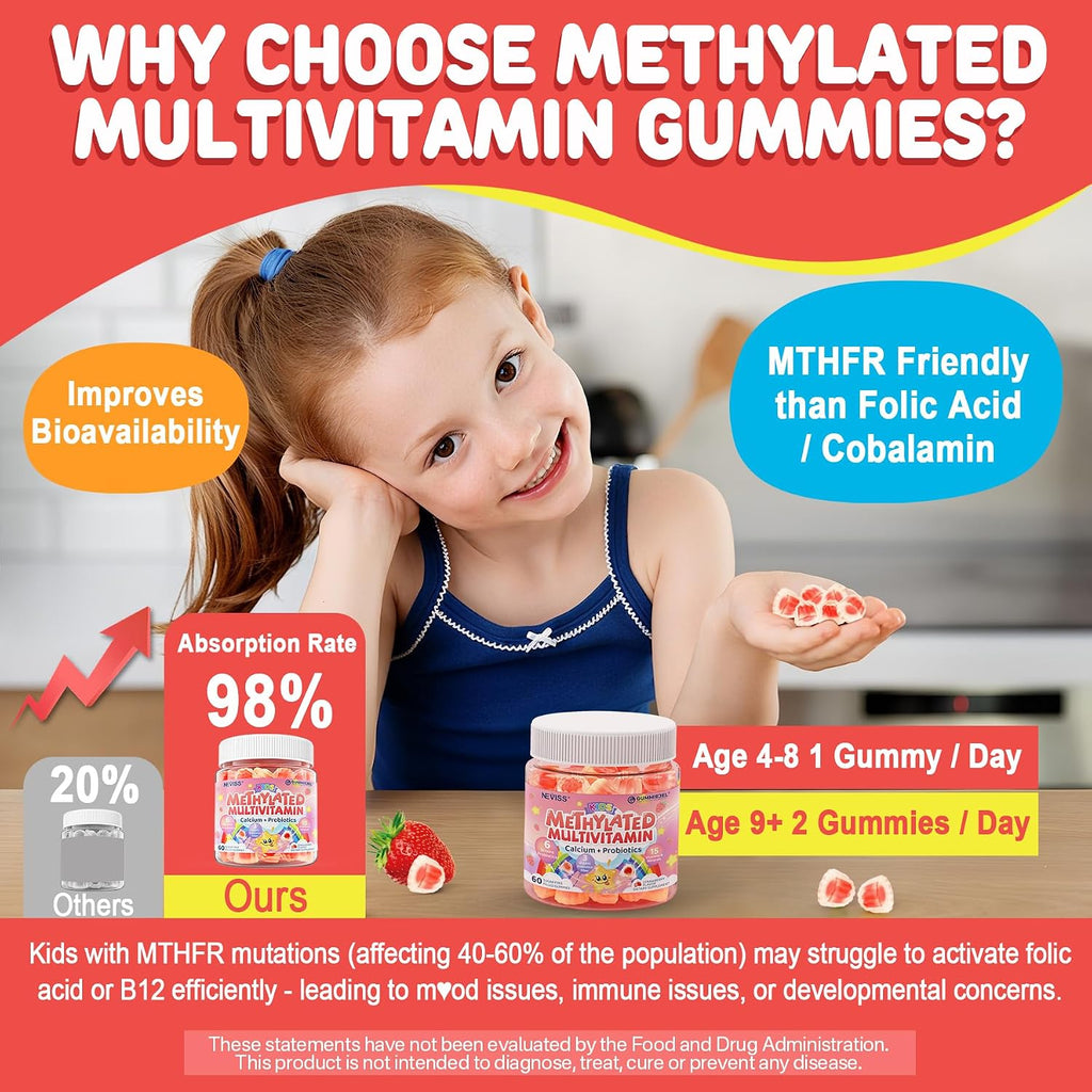 Neviss Multivitamínico Infantil en Gominolas + Calcio, Probióticos, Vitamina D3, C, B12 Metilada y Metilfolato - 60 Gominolas