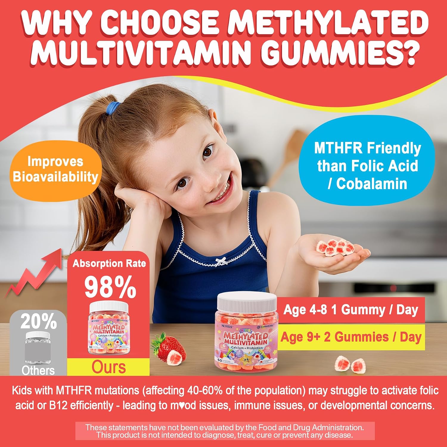 Neviss Multivitamínico Infantil en Gominolas + Calcio, Probióticos, Vitamina D3, C, B12 Metilada y Metilfolato - 60 Gominolas