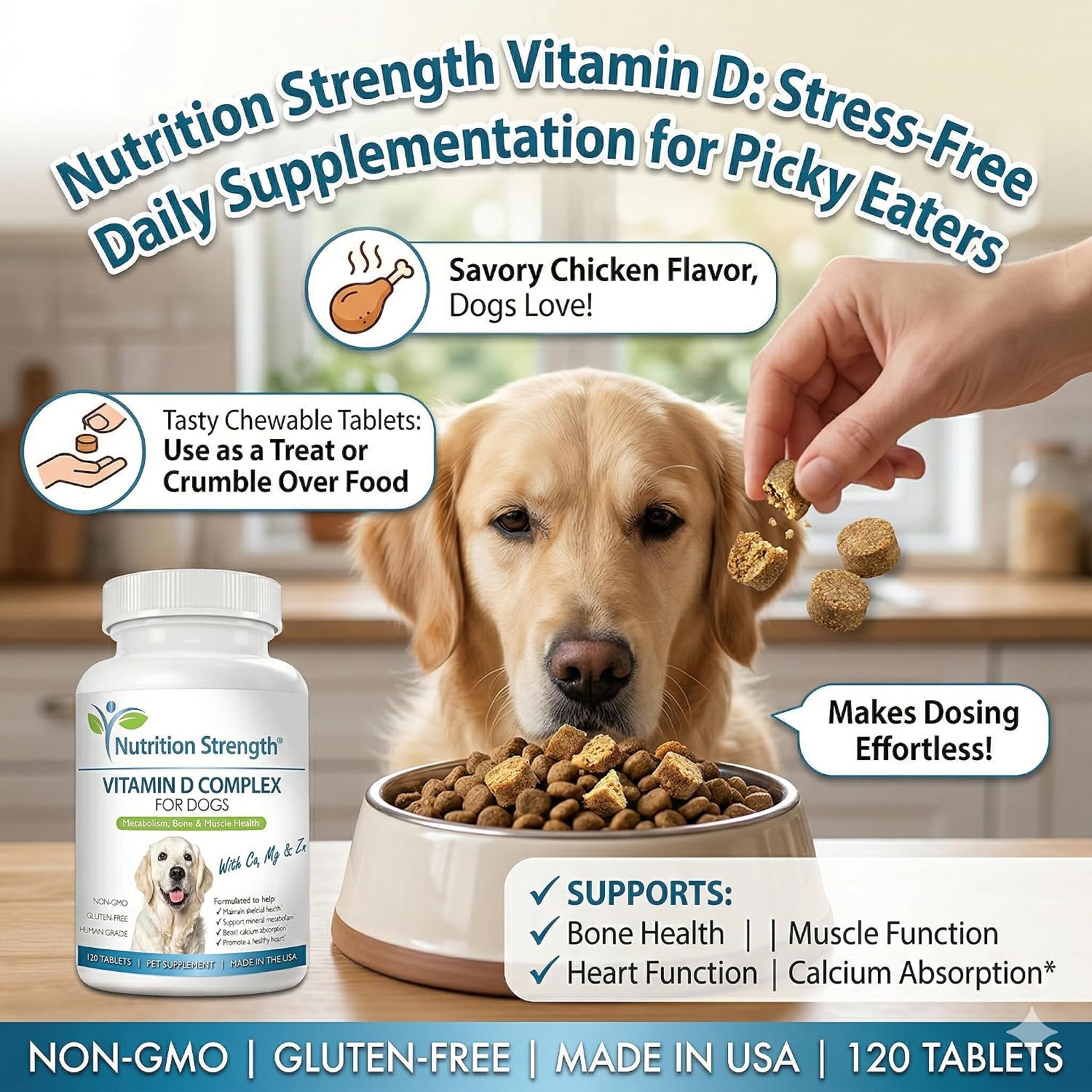 Nutrition Strength Vitamina D para Perros con Calcio, Magnesio y Zinc - 120 Comprimidos Masticables